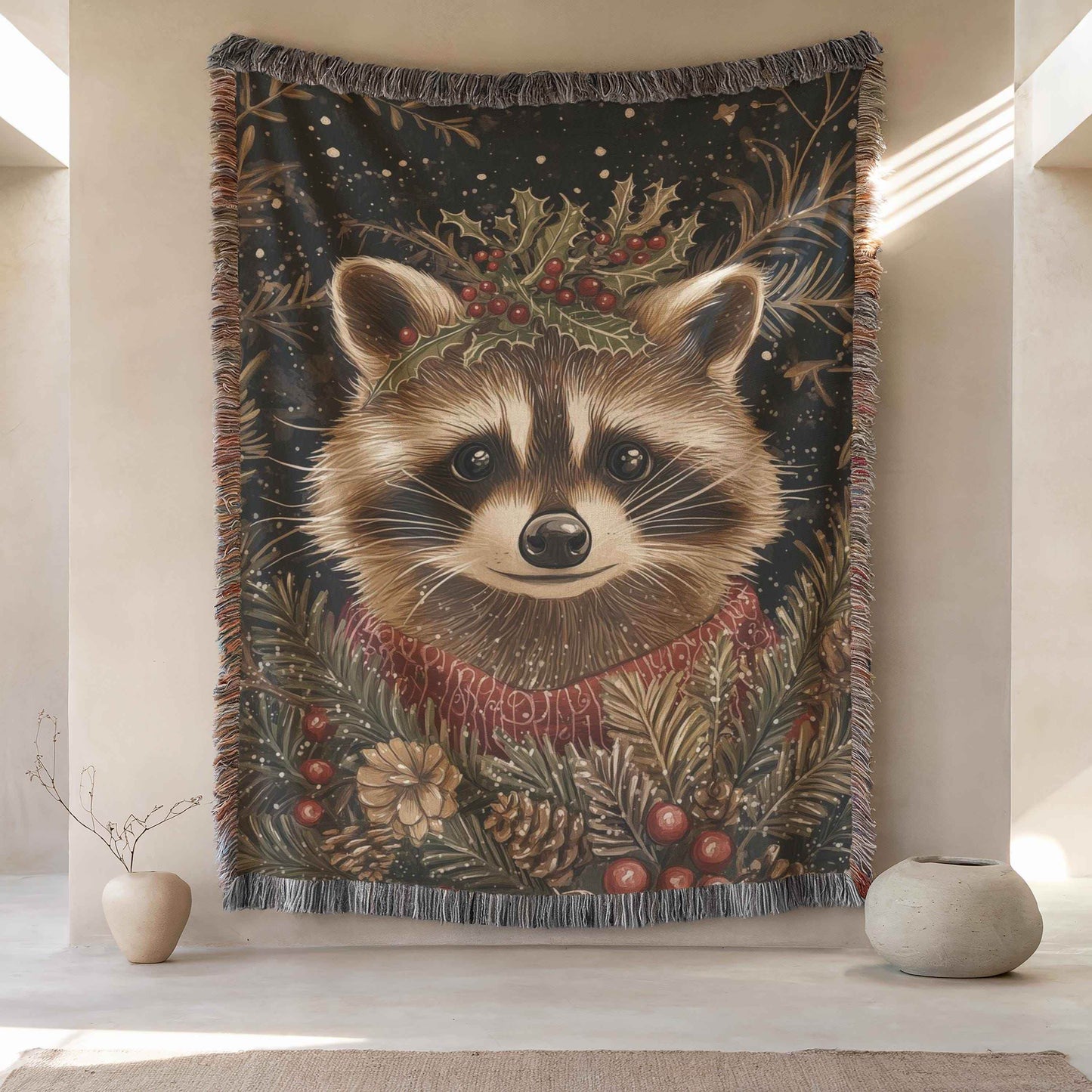 Xmas Racoon Tapestry - Cozy Woven Blanket | Woodland Animal Decor | Christmas Home Accent - timelessbohochic.com