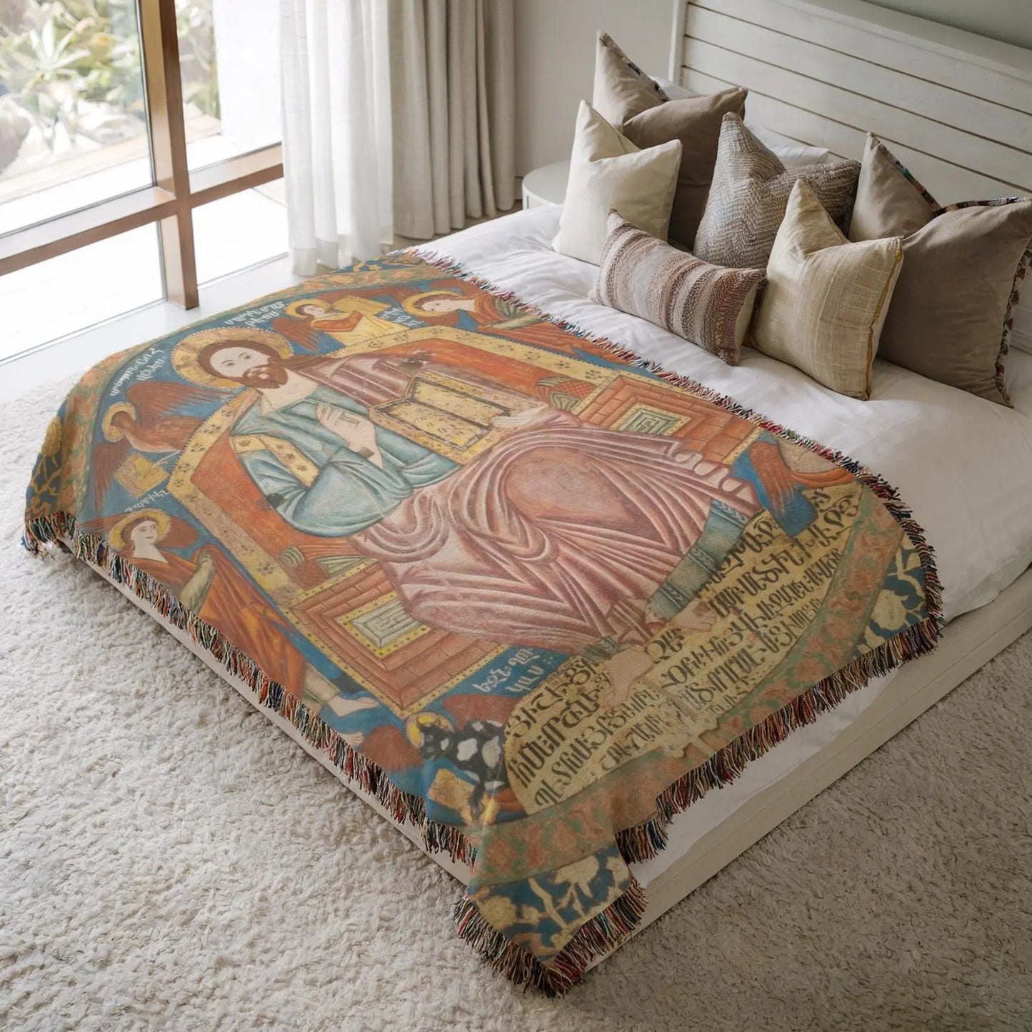 Armenian Cotton Blanket – Woven Miniature Design, Cultural Sofa Throw with Colorful Fringed Edges