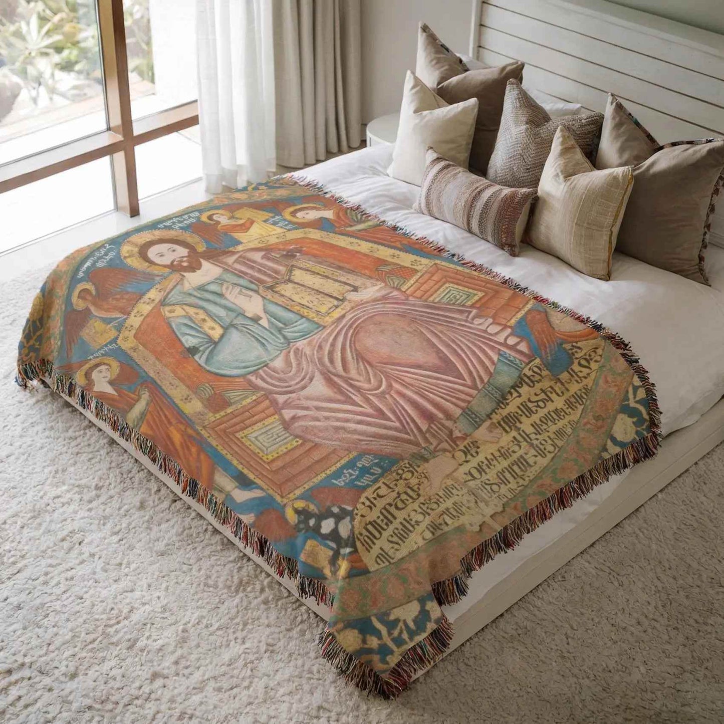 Armenian Cotton Blanket – Woven Miniature Design, Cultural Sofa Throw with Colorful Fringed Edges - timelessbohochic.com