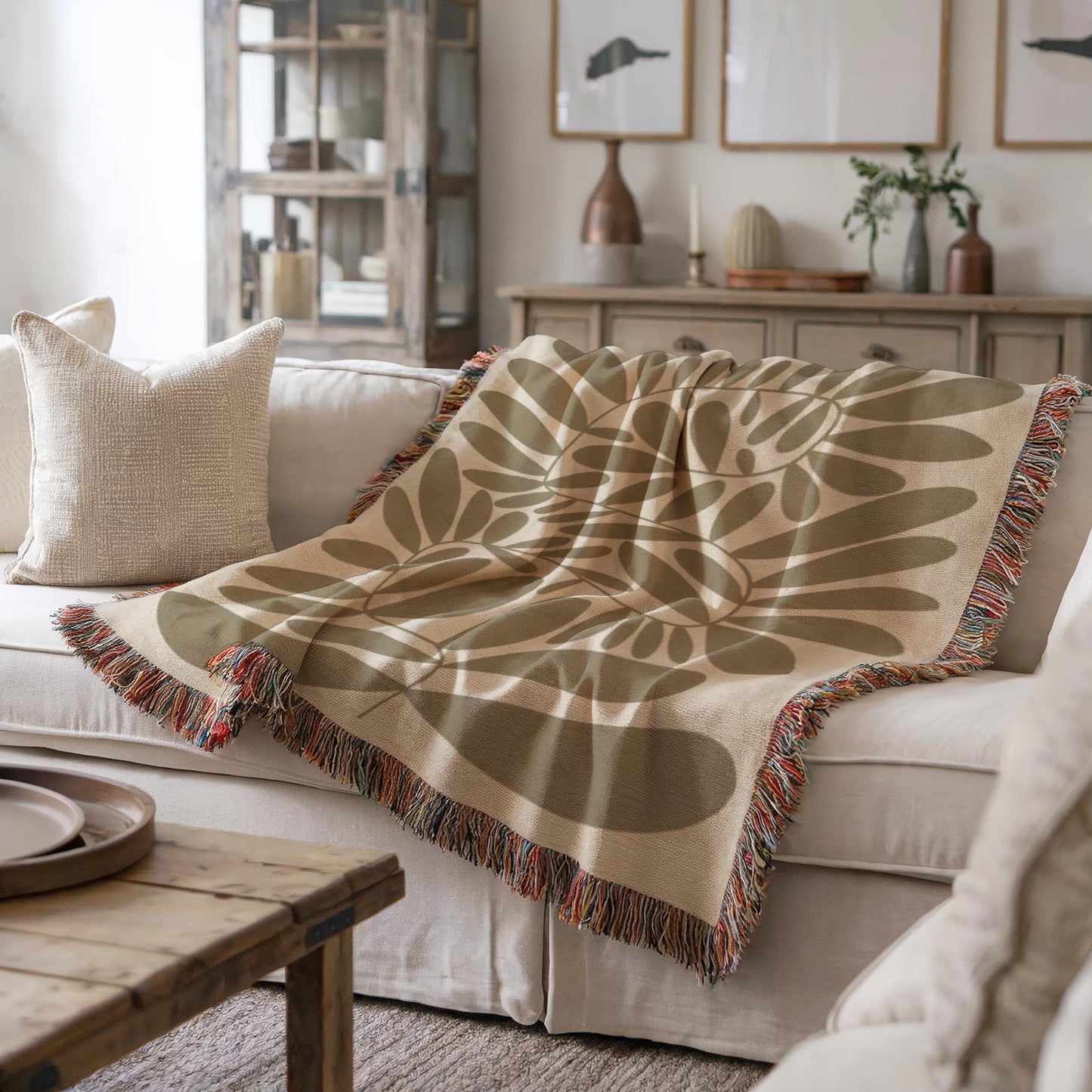 Mid-Century Scandi Blanket – Woven Cotton Throw with Colorful Fringed Edges