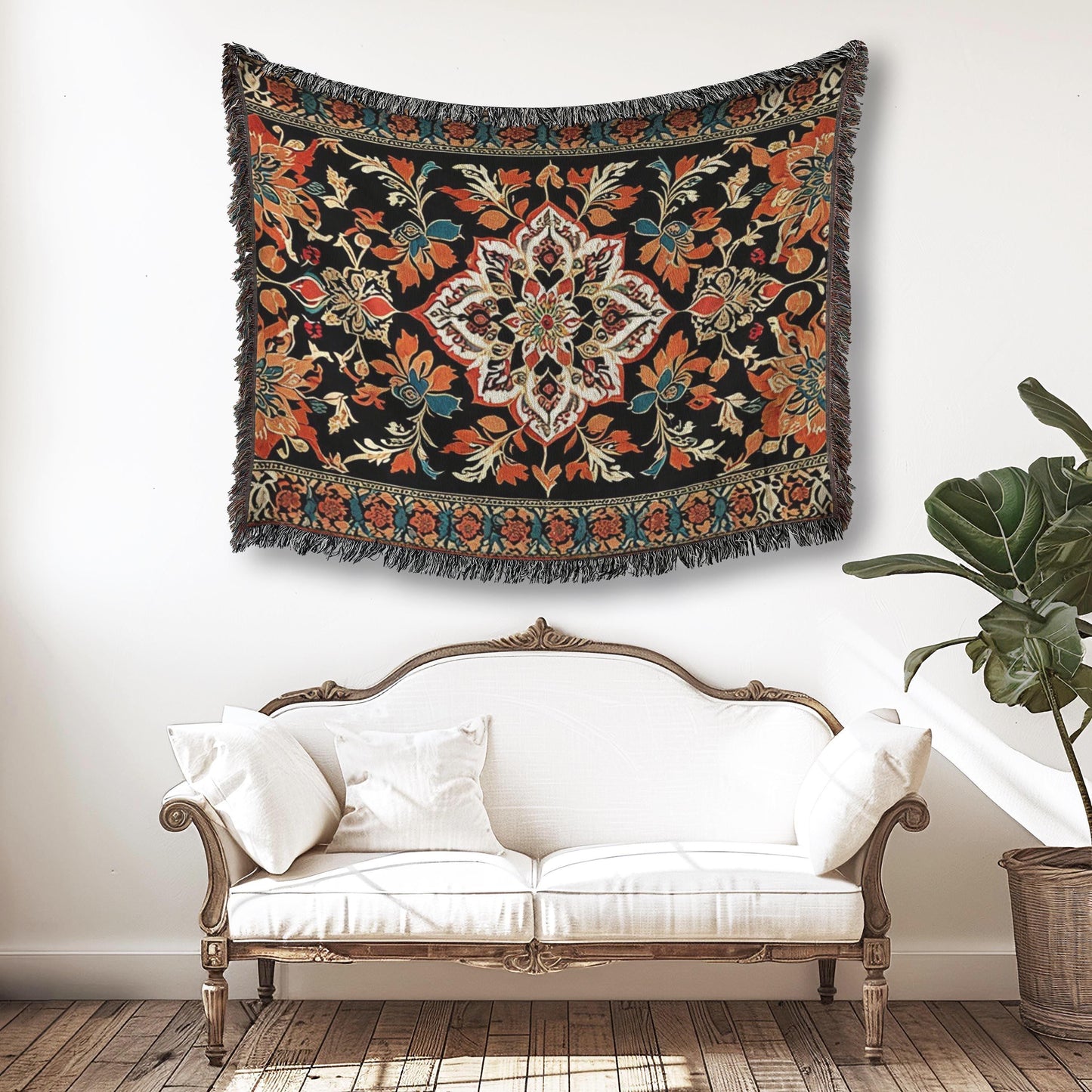 Persian Woven Tapestry - Orange Black Pattern Tapestry | Cozy Wall Hanging Decor