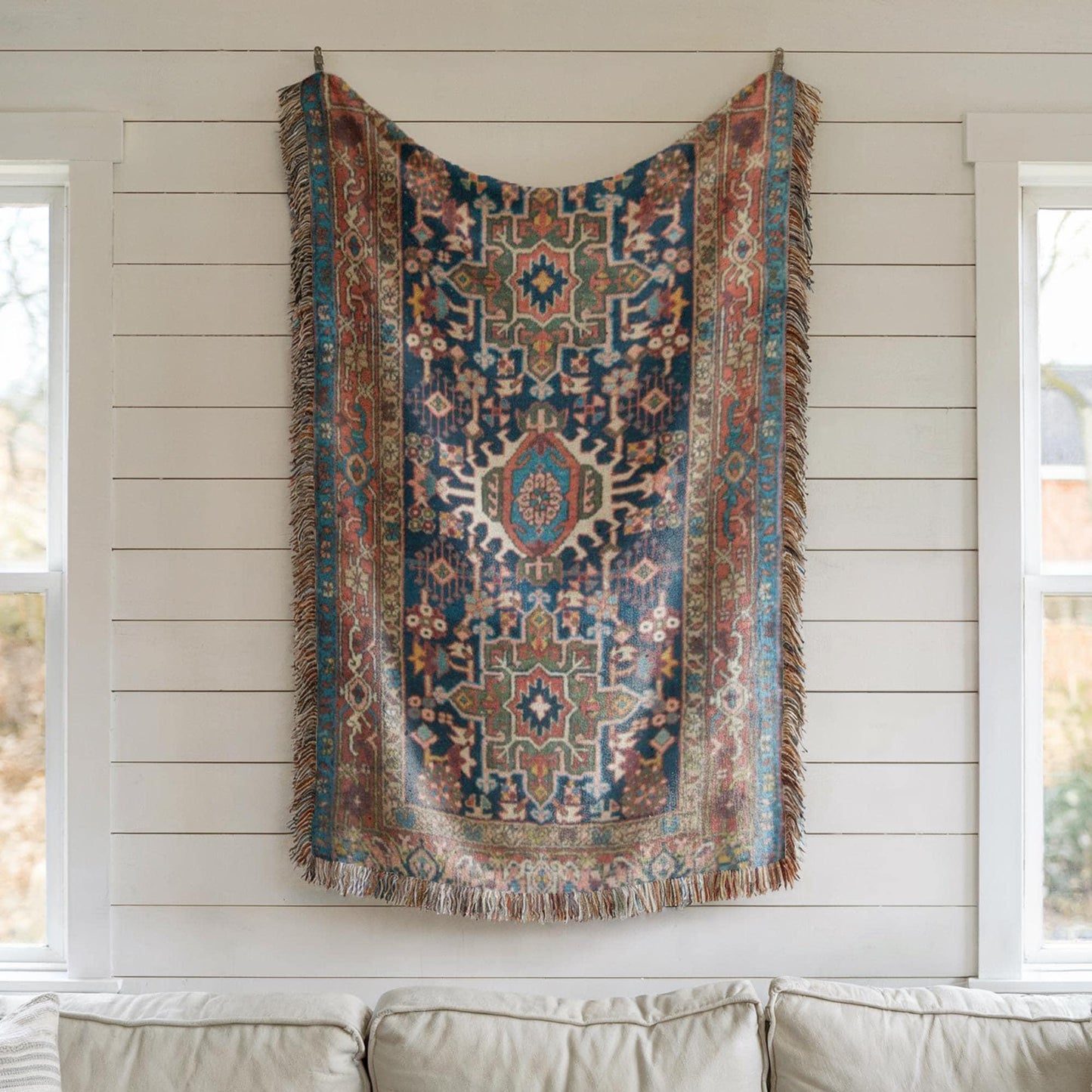 Turkish Rug Tapestry - Large Woven Cotton Textile Wall Hanging With Colorful Fringed Edges
