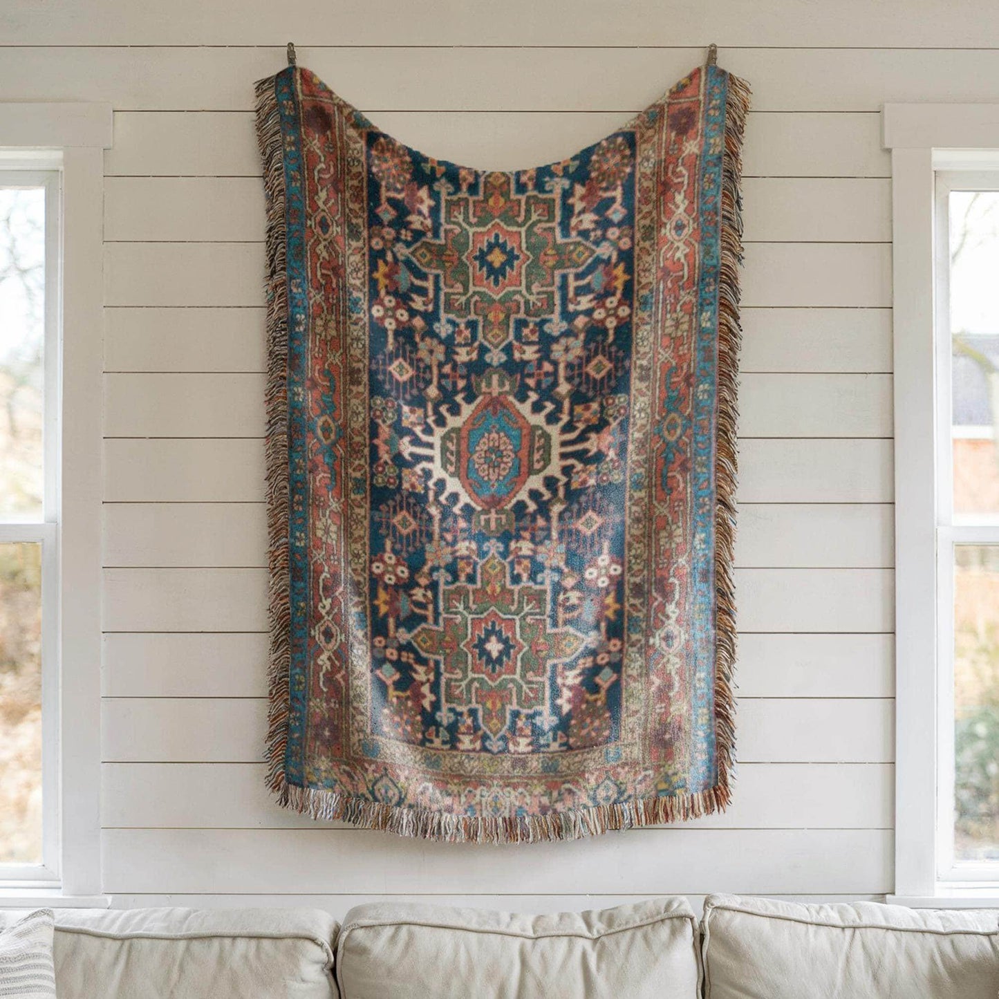 Turkish Rug Tapestry - Large Woven Cotton Textile Wall Hanging with Vibrant Fringed Edges - timelessbohochic.com