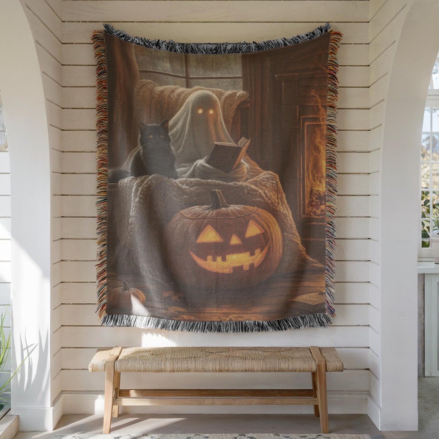 Halloween Wall Decor - Cozy Ghost Wall Hanging With Black Cat Pumpkin Art