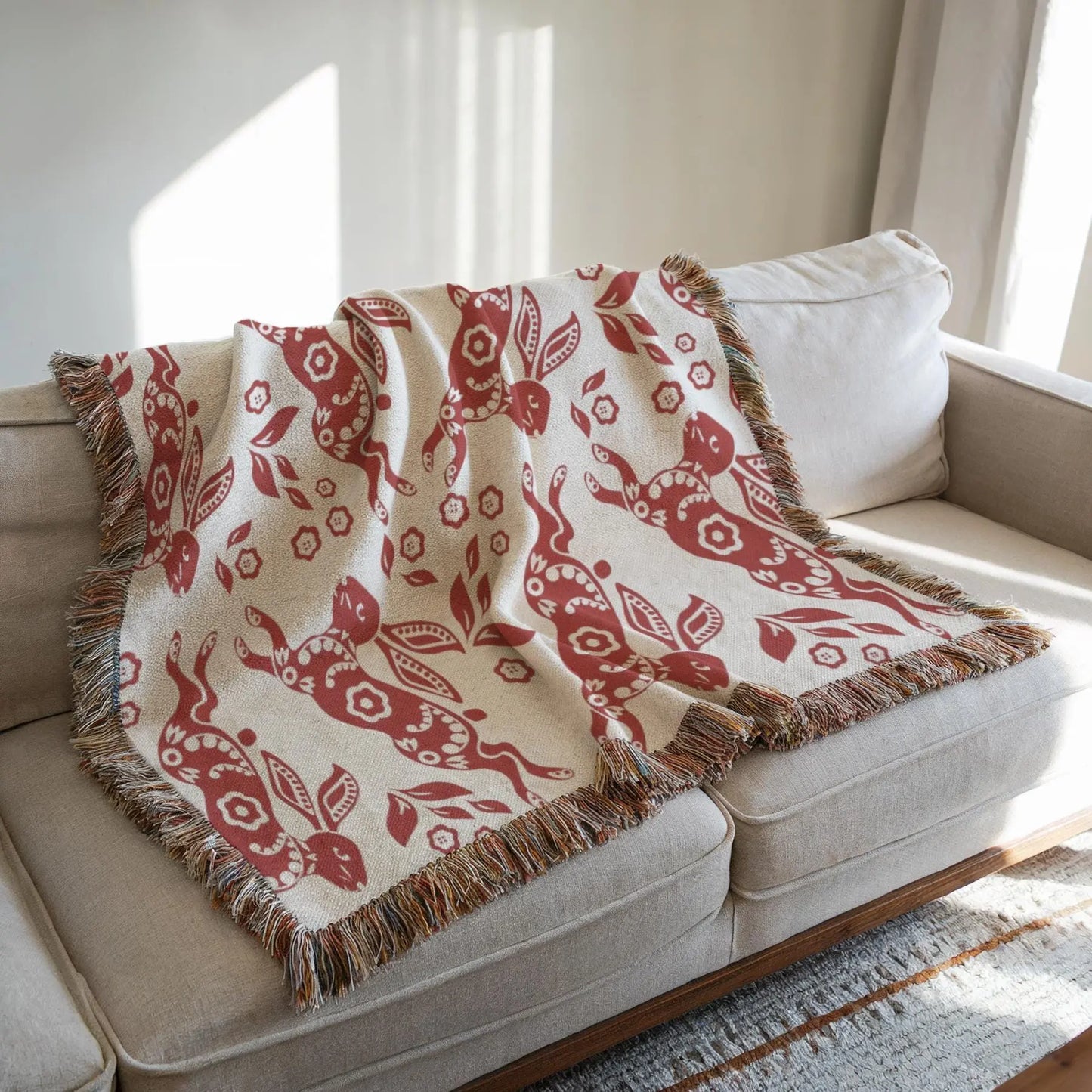Nordic Cotton Throw – Cozy Boho Sofa Blanket With Dala Bunny Design & Lightweight Picnic Wrap