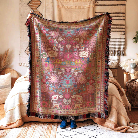 Caucasian Rug Inspired woven blanket with geometric pattern styled for layered home decor