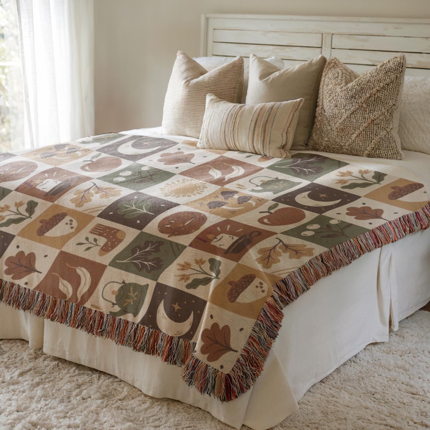 Fall Woven Blanket - Cozy Patchwork Throw with Colorful Fringed Edges, Autumn Bedding Quilt