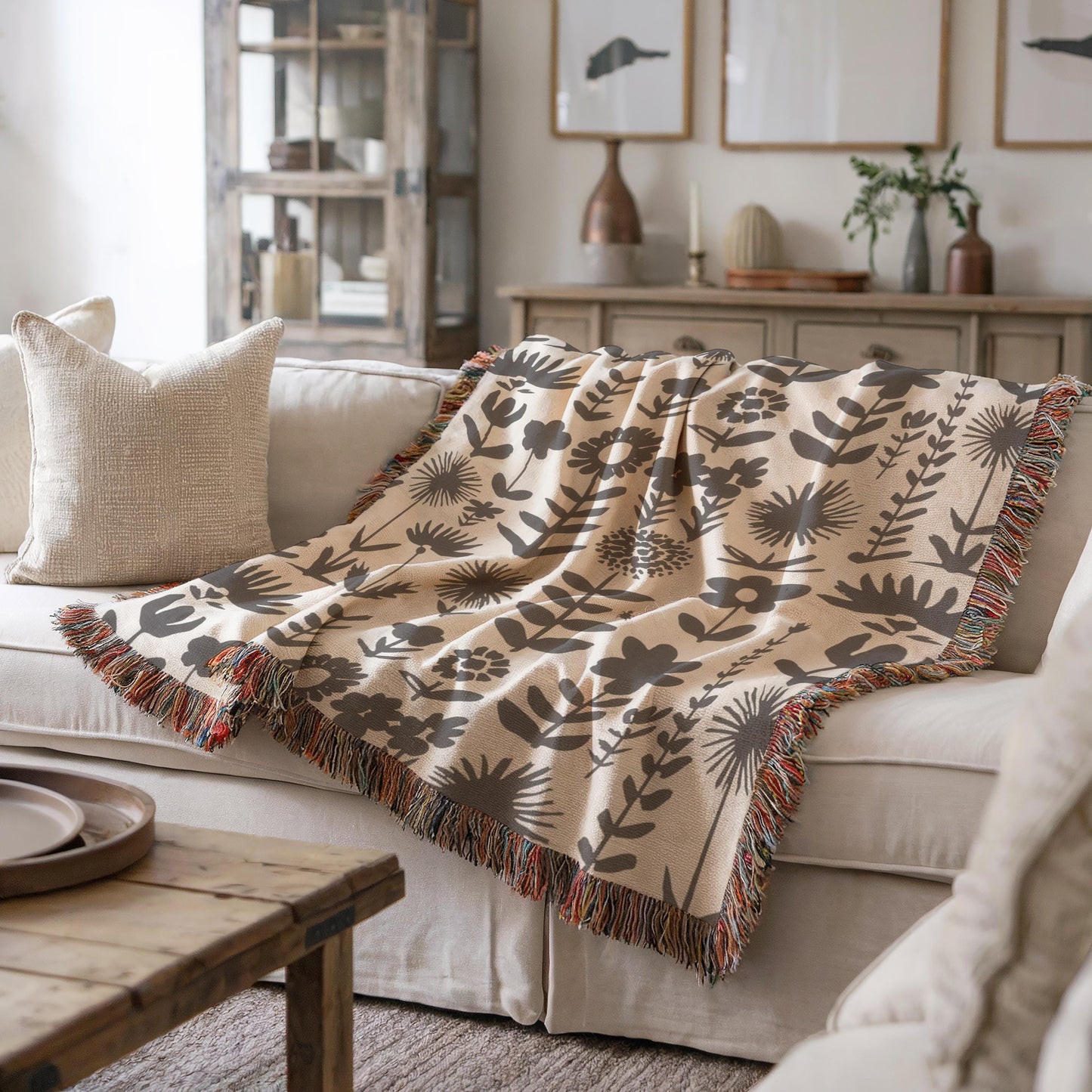 Wildflowers Meadows Blanket - Handmade Woven Throw With Botanical Print, Cozy Cotton