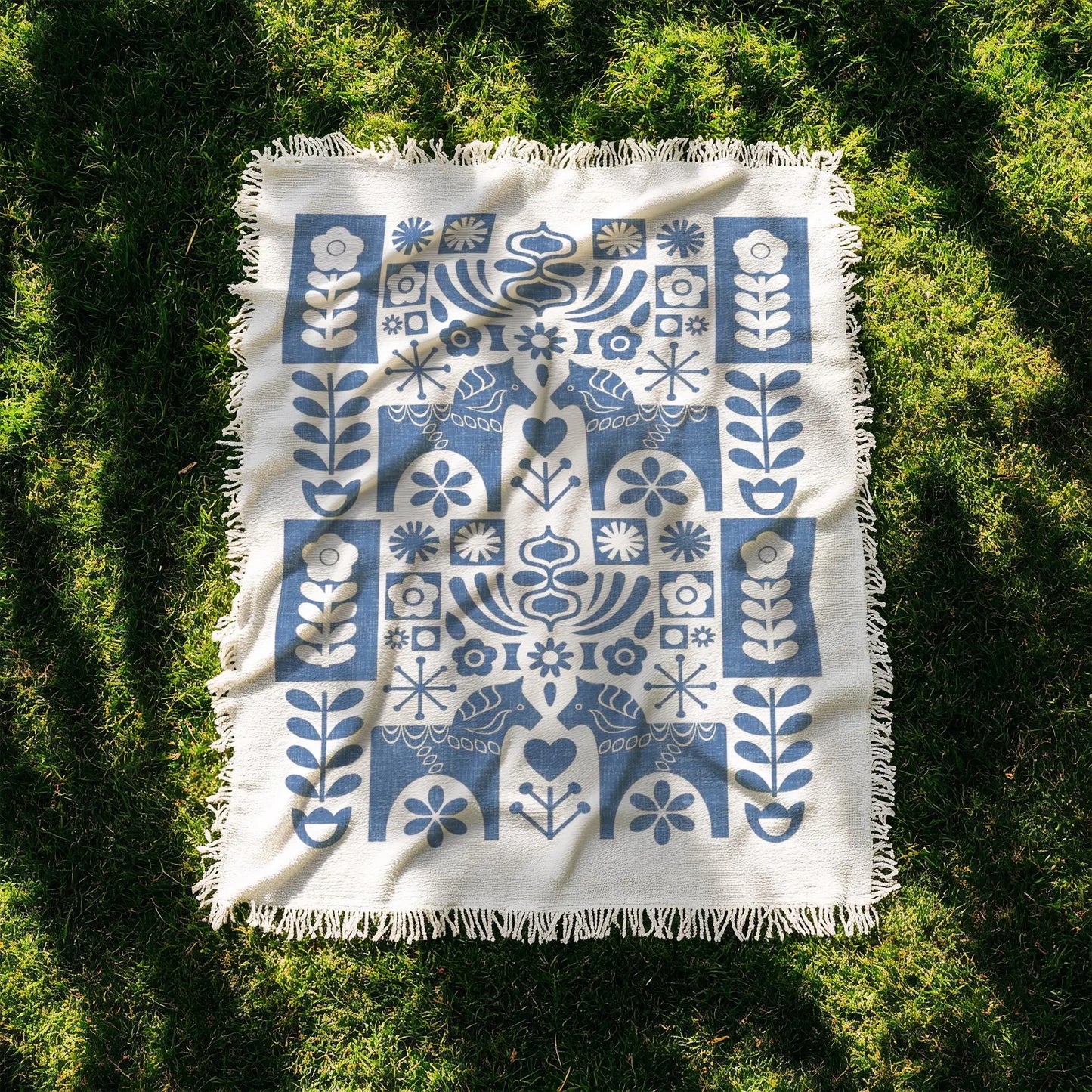 Blue Dala Horse Blanket - Scandinavian Folk Art Cotton Tapestry Throw for Cozy Hygge Home