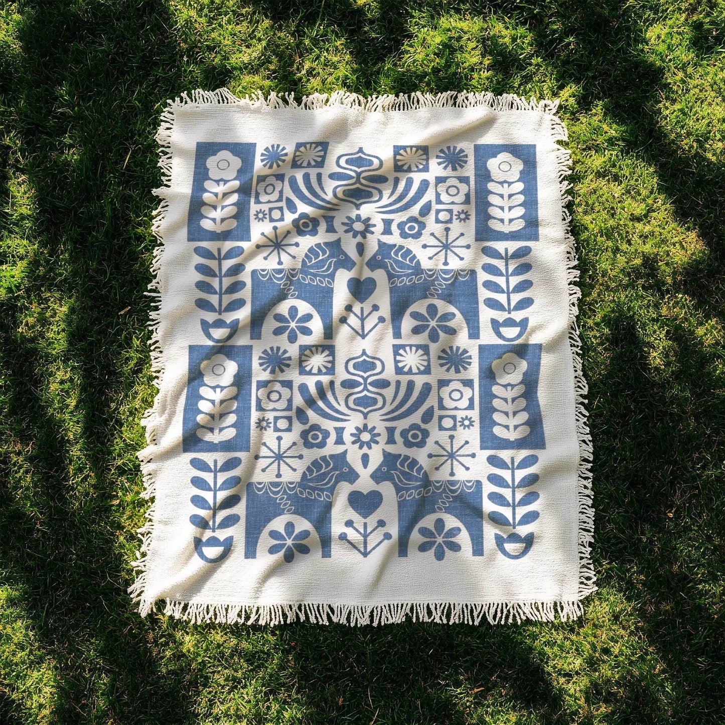 Blue Dala Horse Blanket - Scandinavian Folk Art Cotton Tapestry Throw for Cozy Hygge Home - timelessbohochic.com