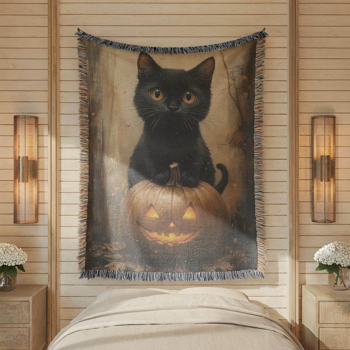 Halloween Woven Blanket - Black Cat Pumpkin Throw With Fringed Edge Cozy Decor - timelessbohochic.com
