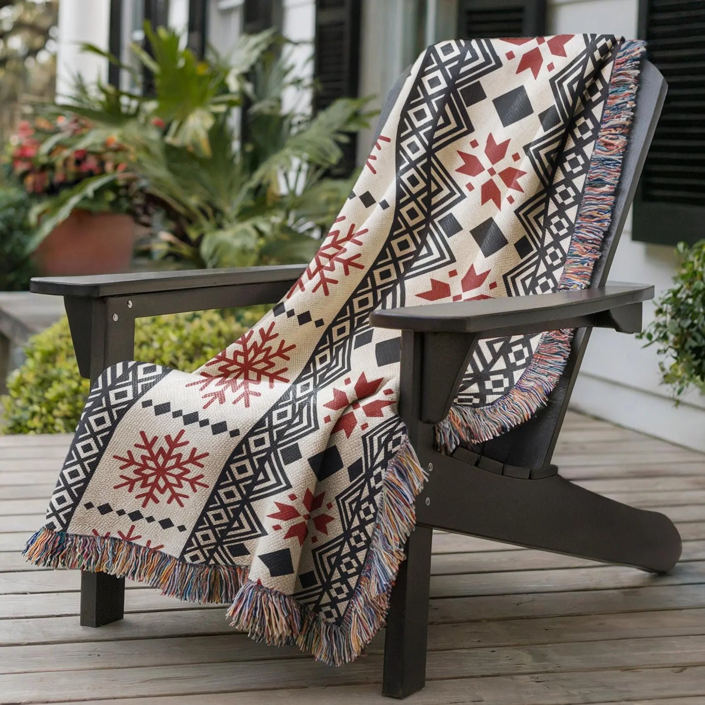 Nordic Snowflake Blanket - Cotton Woven Throw With Red Black Pattern | Cozy Winter Decor