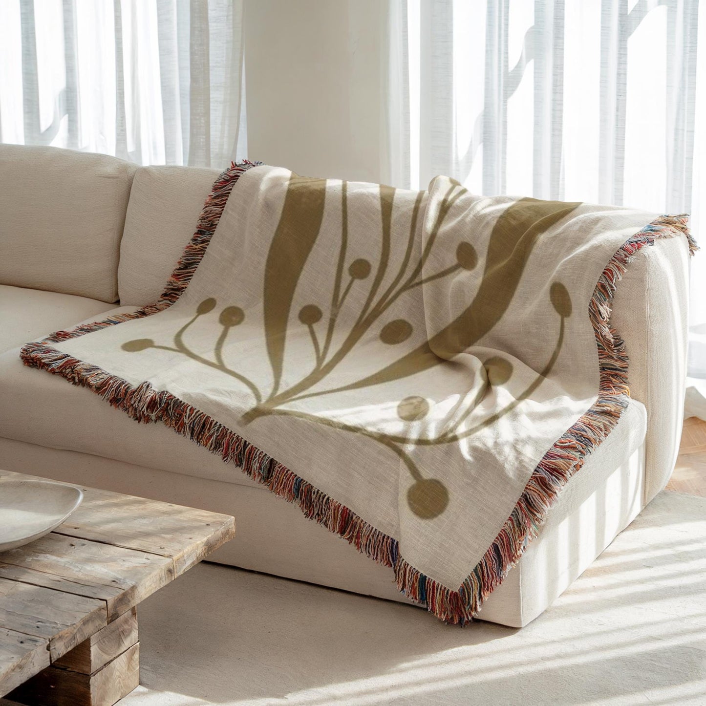 Mid Century Modern Blanket - Woven Cotton Throw With Botanical Pattern & Colorful Fringed Edges