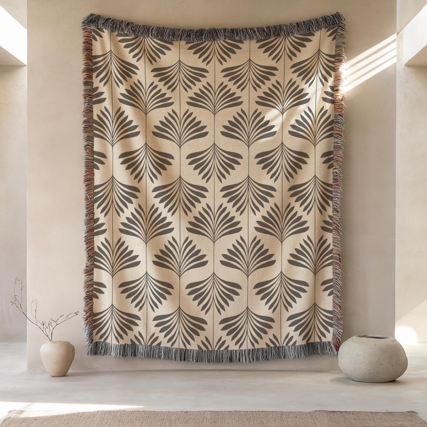 Cotton Throw Blanket – Woven Tapestry With Fringed Edge | Soft Sofa Cover, Neutral Home Accent