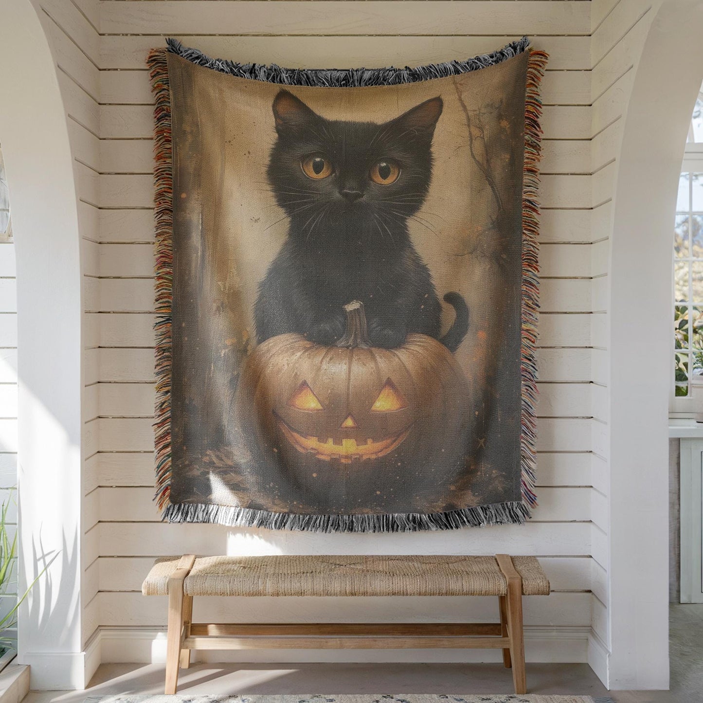 Halloween Woven Tapestry - Cozy Cotton Throw With Cat Pumpkin Design & Fringed Edges