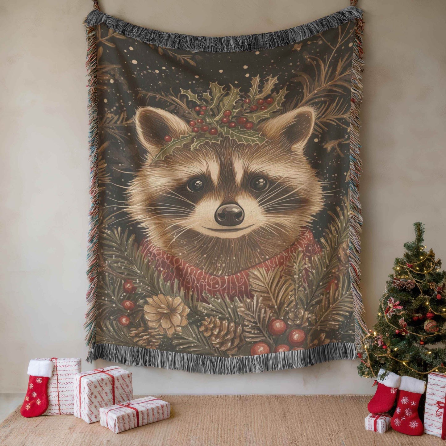 Xmas Racoon Tapestry - Cozy Woven Blanket | Woodland Animal Decor | Christmas Home Accent - timelessbohochic.com