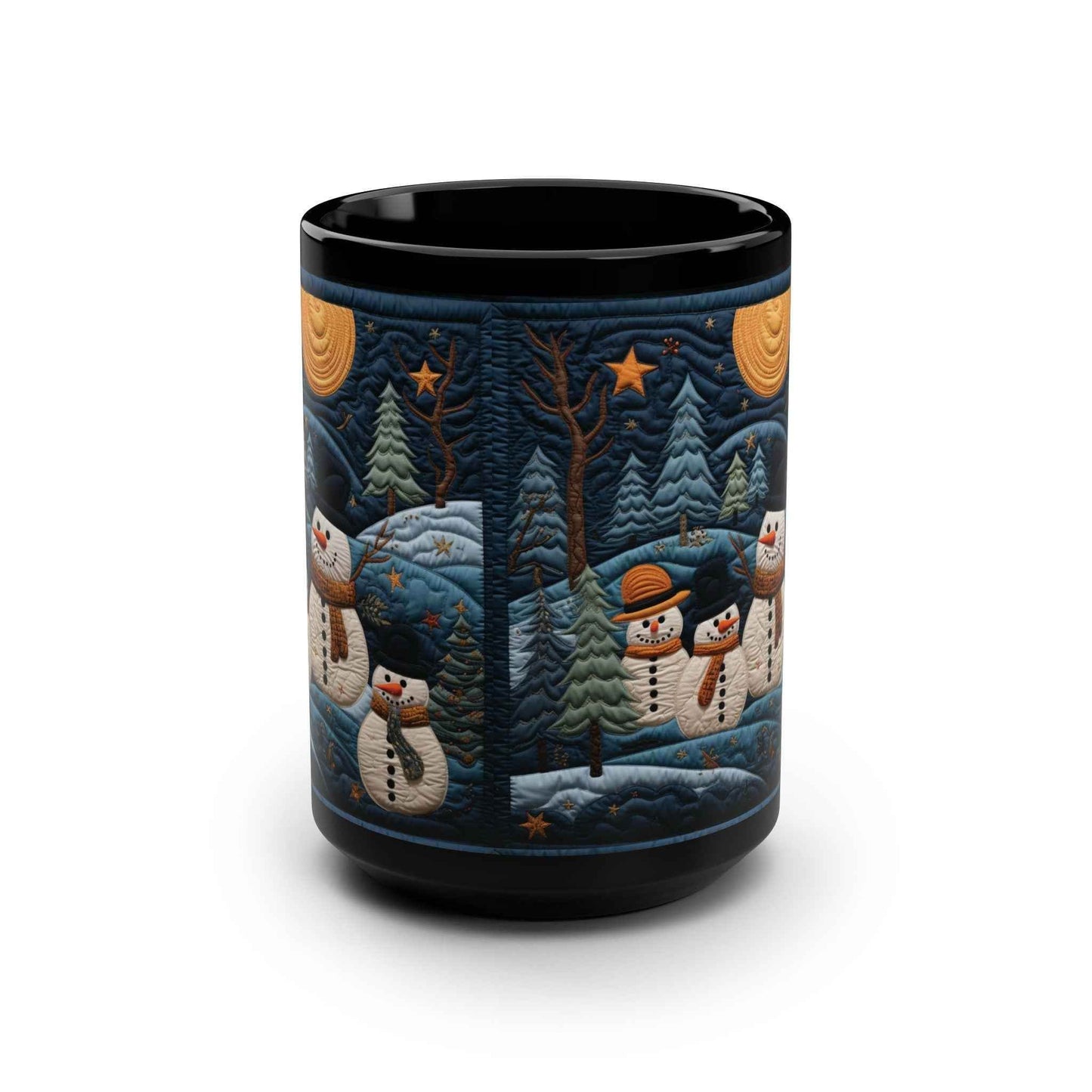 Chai Latte Mug - Black Ceramic Mug with Snowmen & Trees | 15 Ounce Glossy Finish - timelessbohochic.com