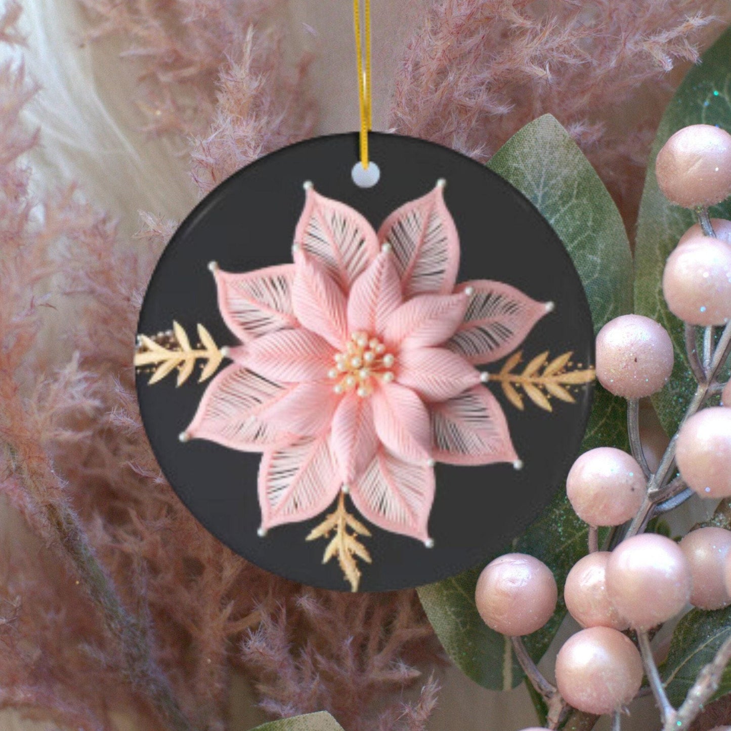 Poinsettia Christmas Ornament – Personalized Pink and Gold Ceramic Decoration
