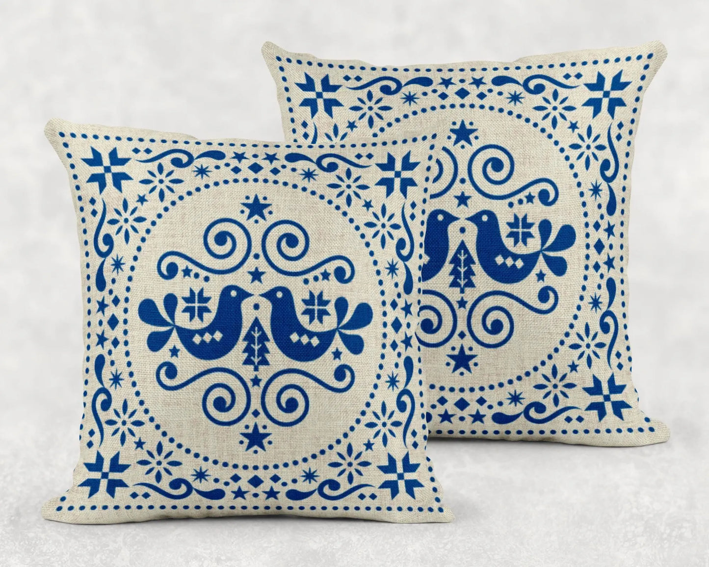 Blue Bird Cushion – Nordic Folk Pillow | Scandi Sofa Cushion | Woven Boho Throw