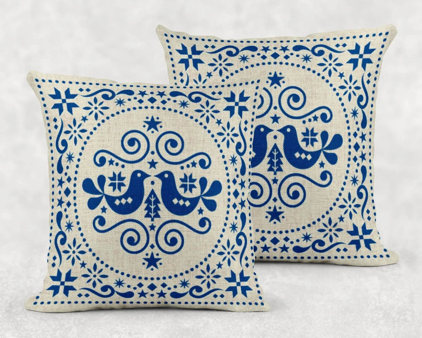 Blue Bird Cushion – Nordic Folk Pillow | Scandi Sofa Cushion | Woven Boho Throw - timelessbohochic.com