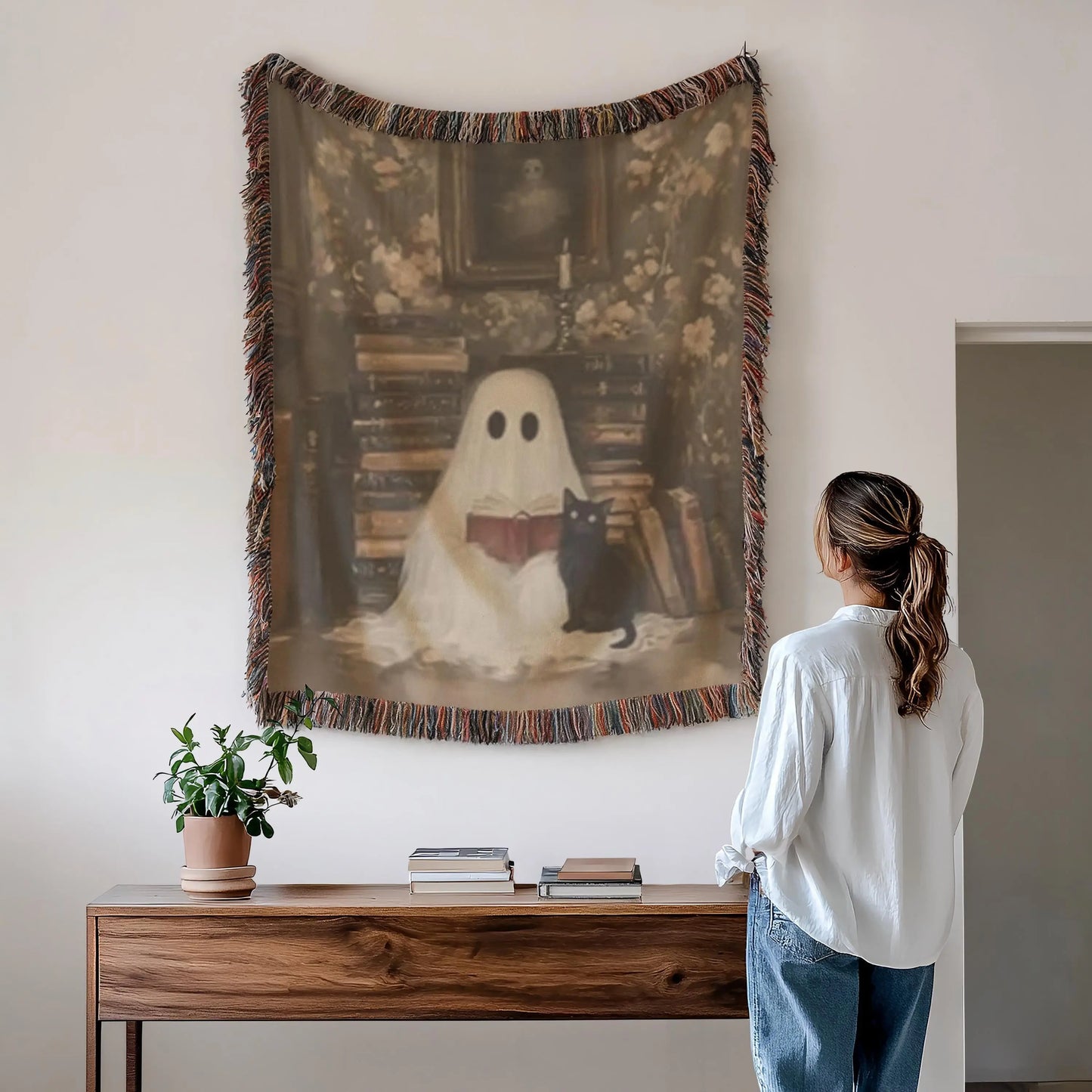 Ghost Cat Blanket – Cozy Throw With Cute Ghost Design | Warm Cotton Woven Blanket