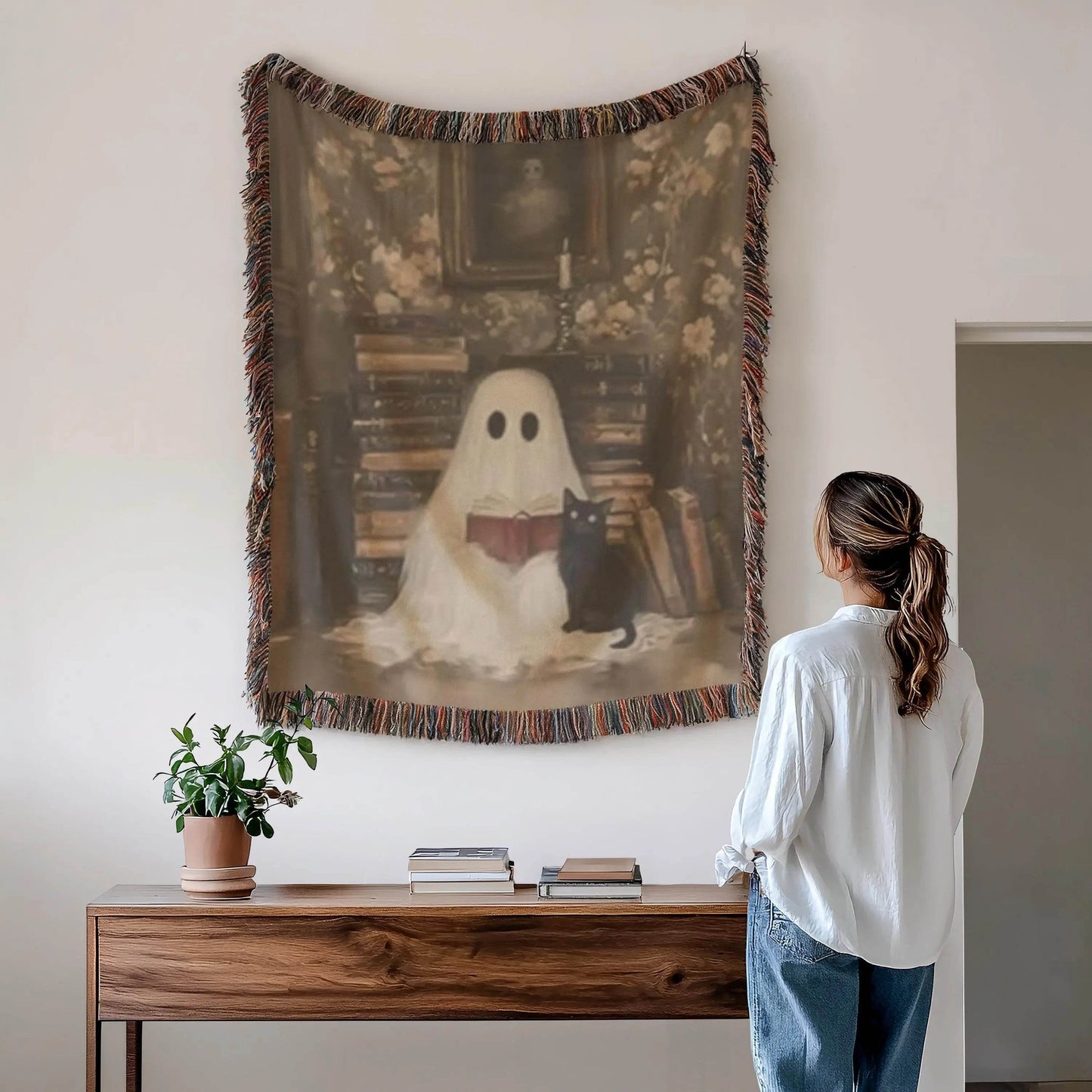 Ghost Cat Blanket – Cozy Throw With Cute Ghost Design | Warm Cotton Woven Blanket - timelessbohochic.com