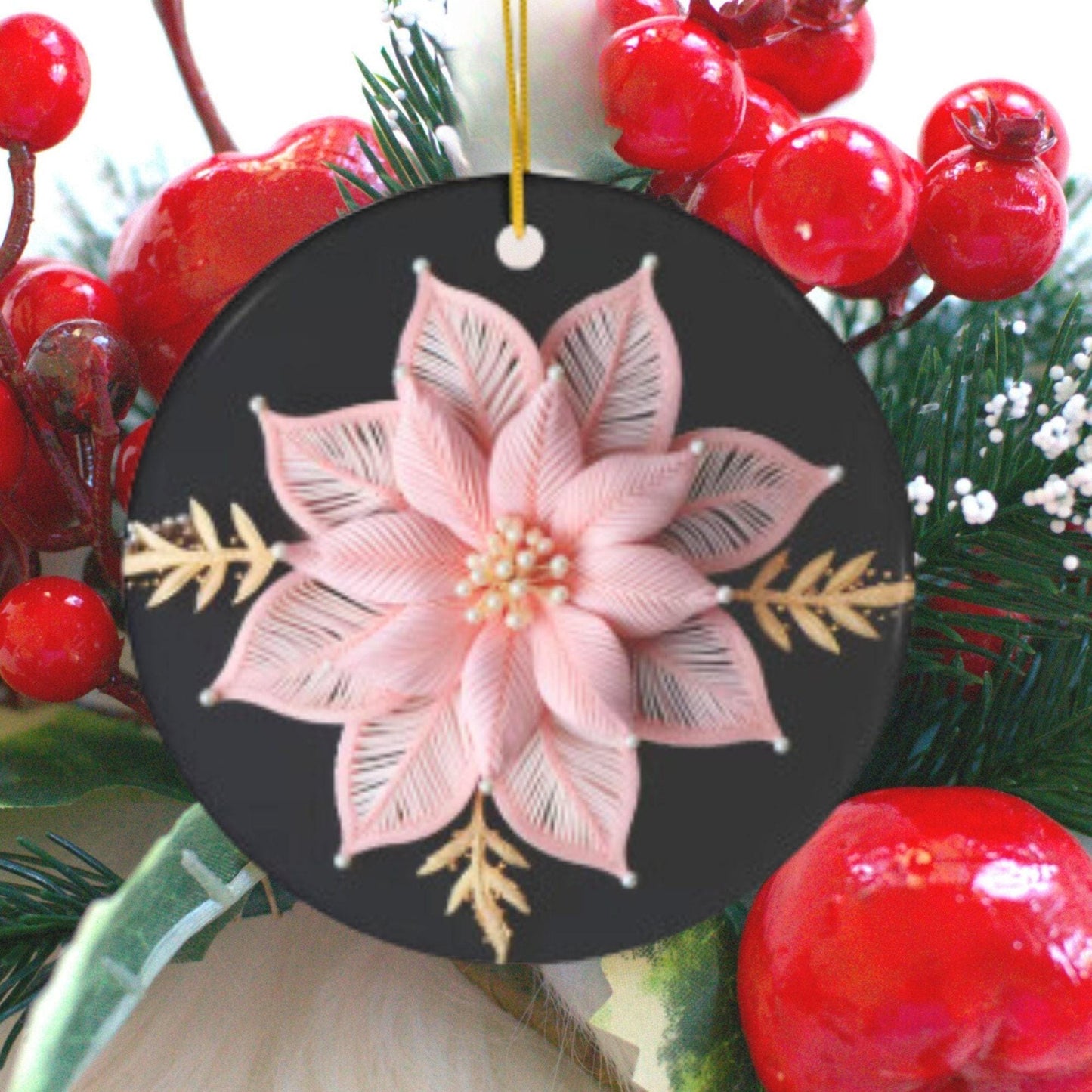 Poinsettia Christmas Ornament – Personalized Pink and Gold Ceramic Decoration
