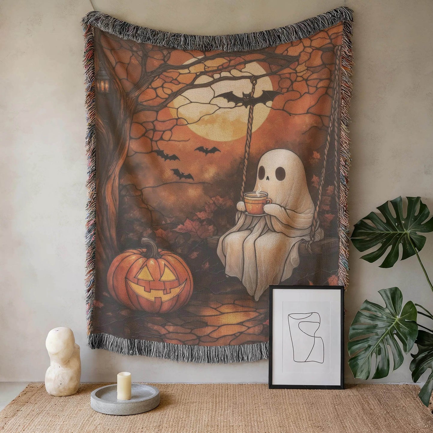 Halloween Throw Blanket - Cozy Woven Cotton Fabric Lap Blanket Featuring Pumpkin Moon Design - timelessbohochic.com