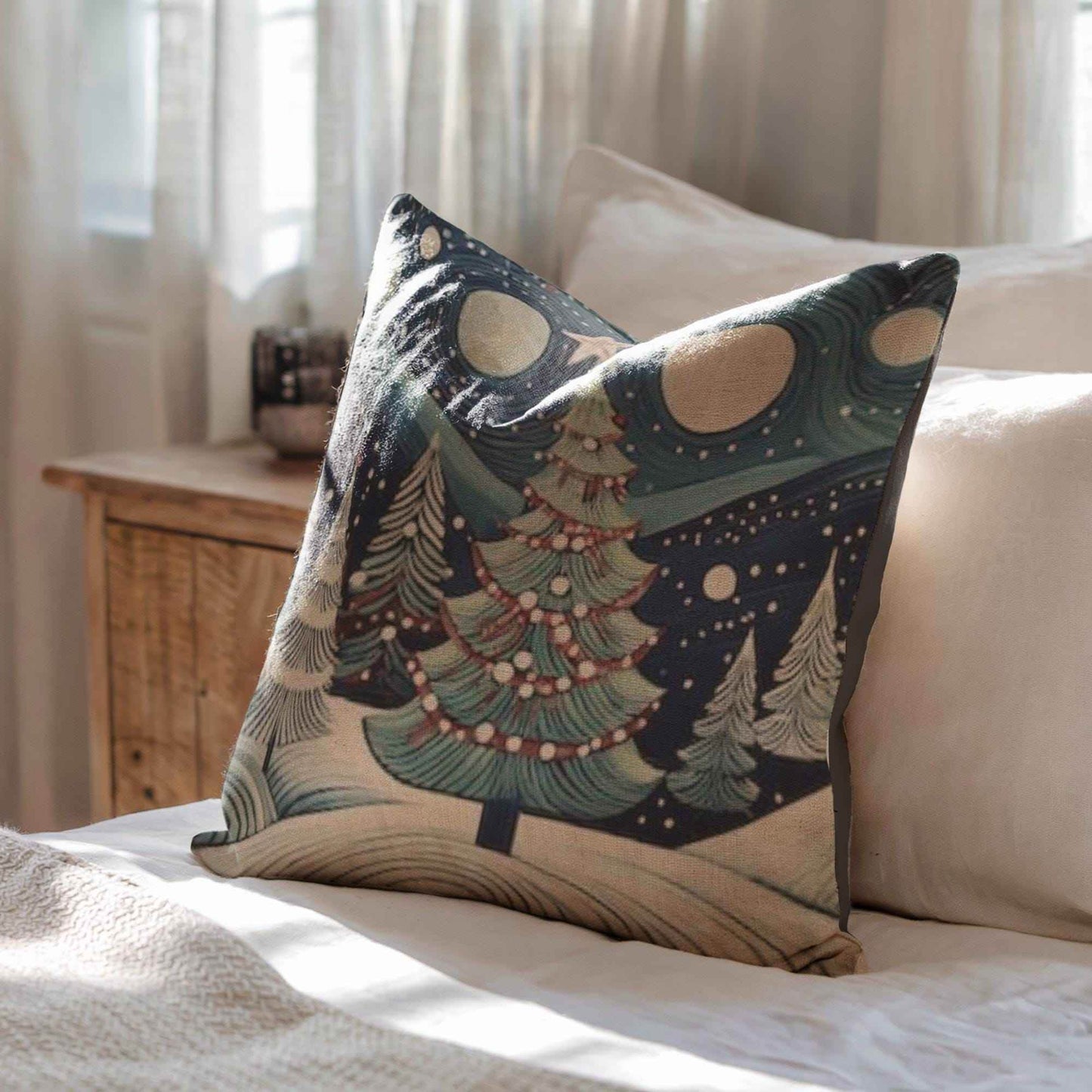 Christmas Throw Pillow - Handwoven Folk Art Cushion with Forest Landscape Design - timelessbohochic.com