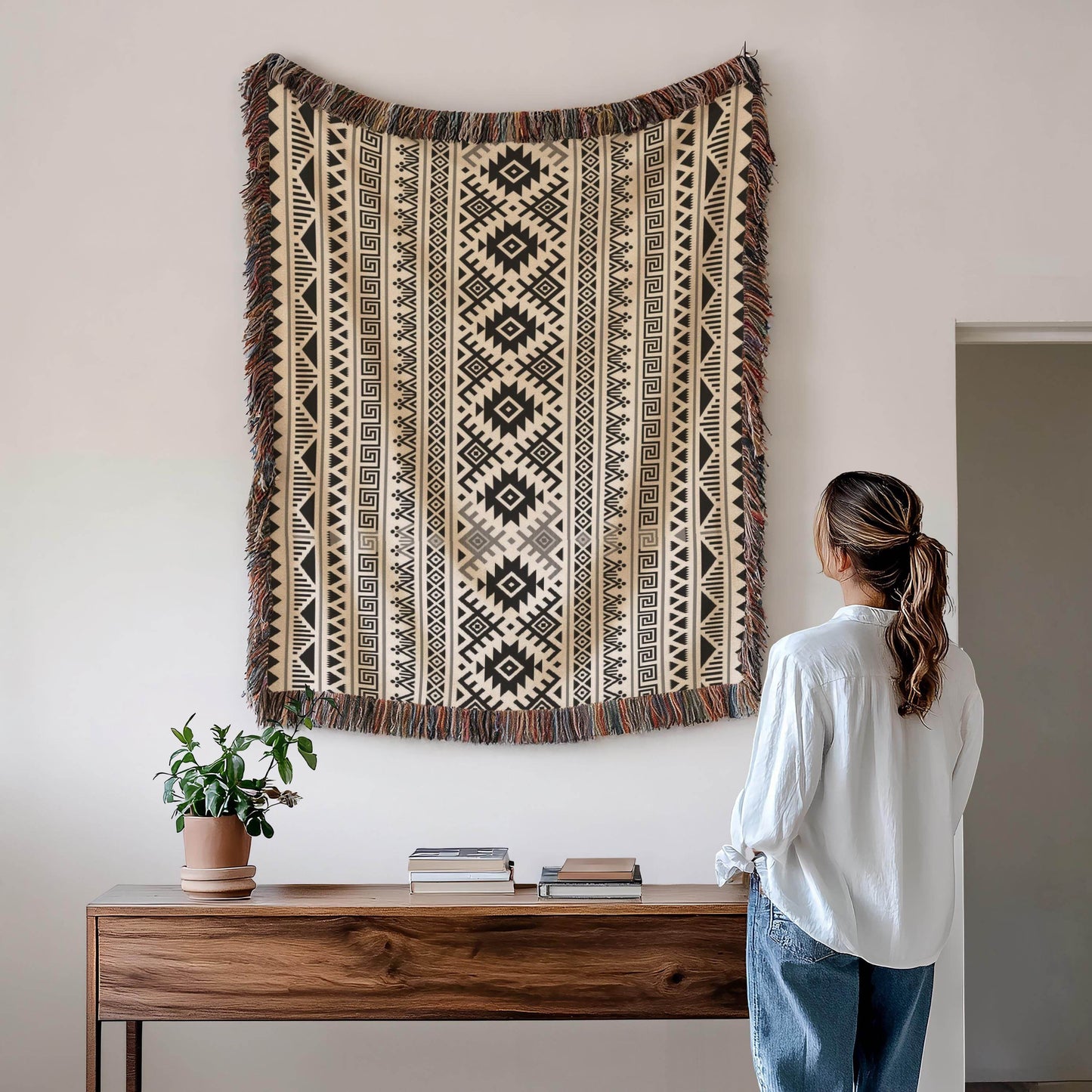 Native American Woven Blanket - Cozy Cotton Throw With Colorful Fringed Edges - timelessbohochic.com