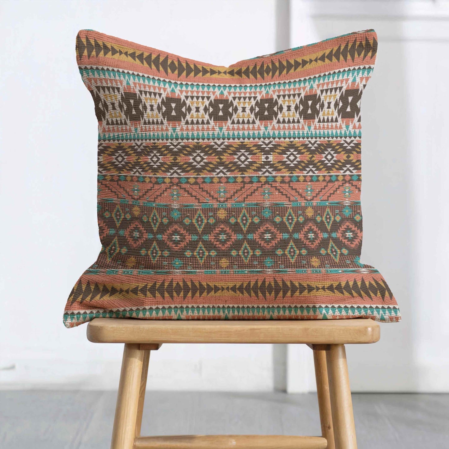 Ikat Cotton Throw Pillow - Cozy Rustic Cushion With Woven Texture & Colorful Fringed Edges - timelessbohochic.com