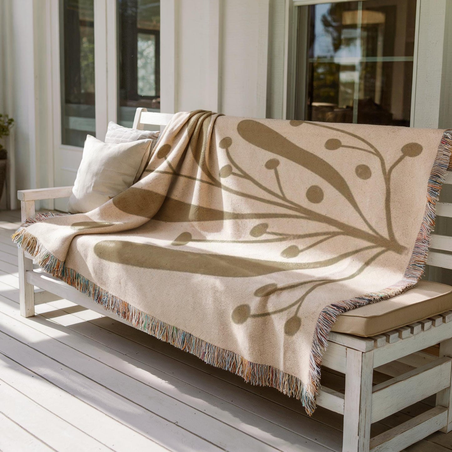 Mid Century Modern Throw Blanket - Linden Leaf Design Cotton Woven Throw for Garden Patio