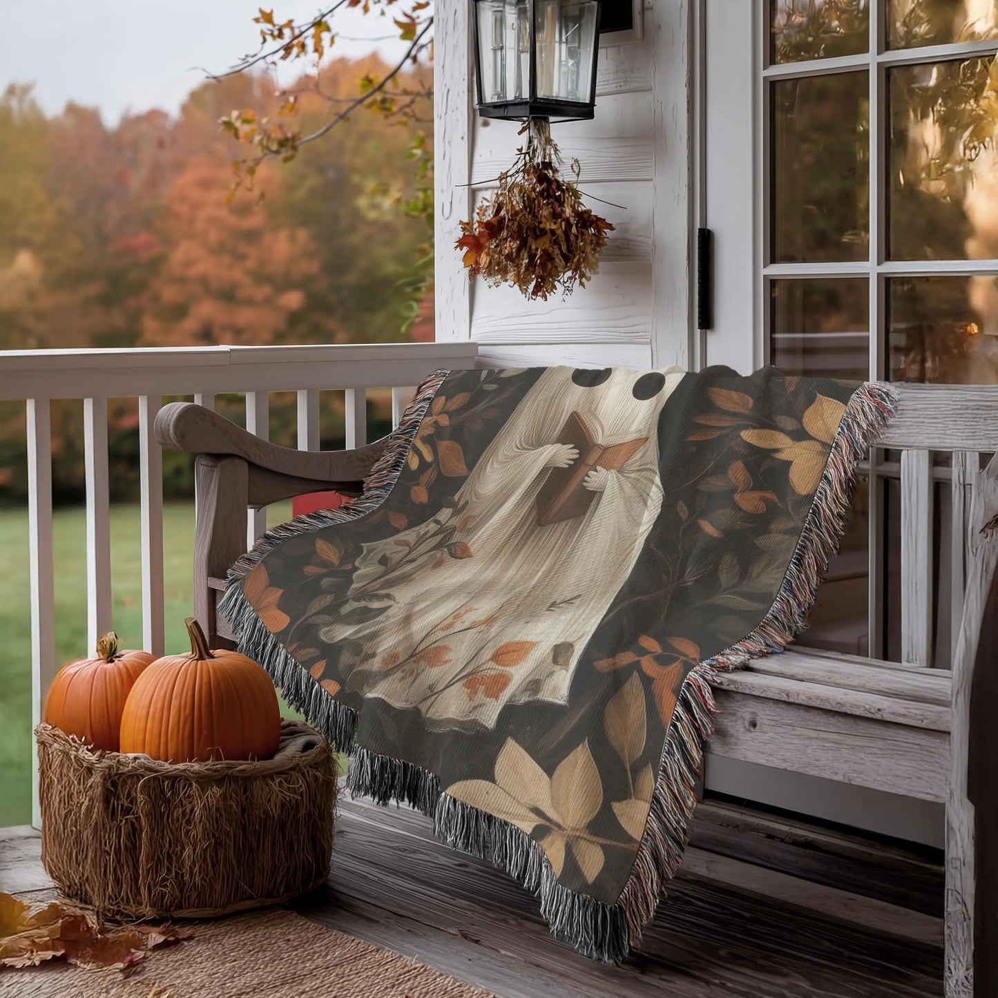 Cute Ghost Blanket – Cozy Fall Throw With Soft Cotton Woven Fabric & Colorful Fringed Edges
