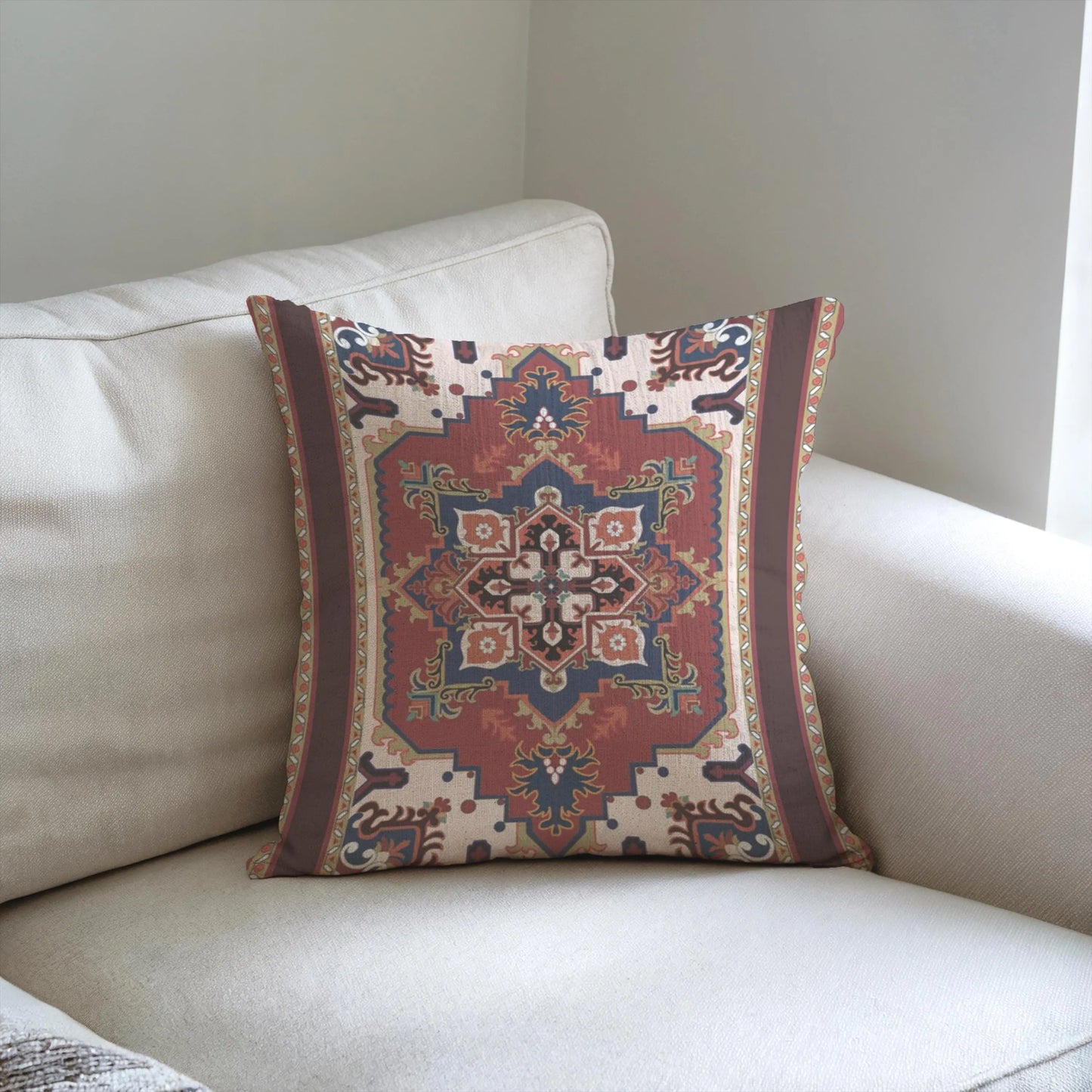 Persian Rug Pillow – Woven Decorative Boho Throw Pillow With Rust Blue Beige Pattern