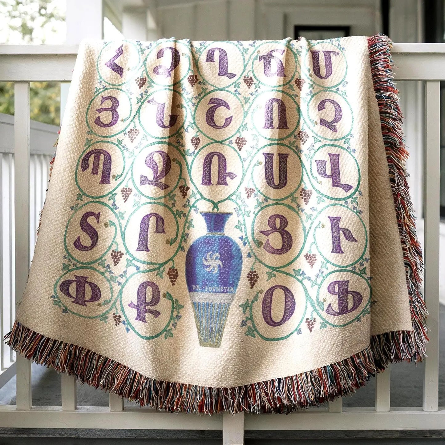 Armenian Woven Blanket - Cotton Throw with Armenian Alphabet Design | Cozy Cultural Sofa Throw