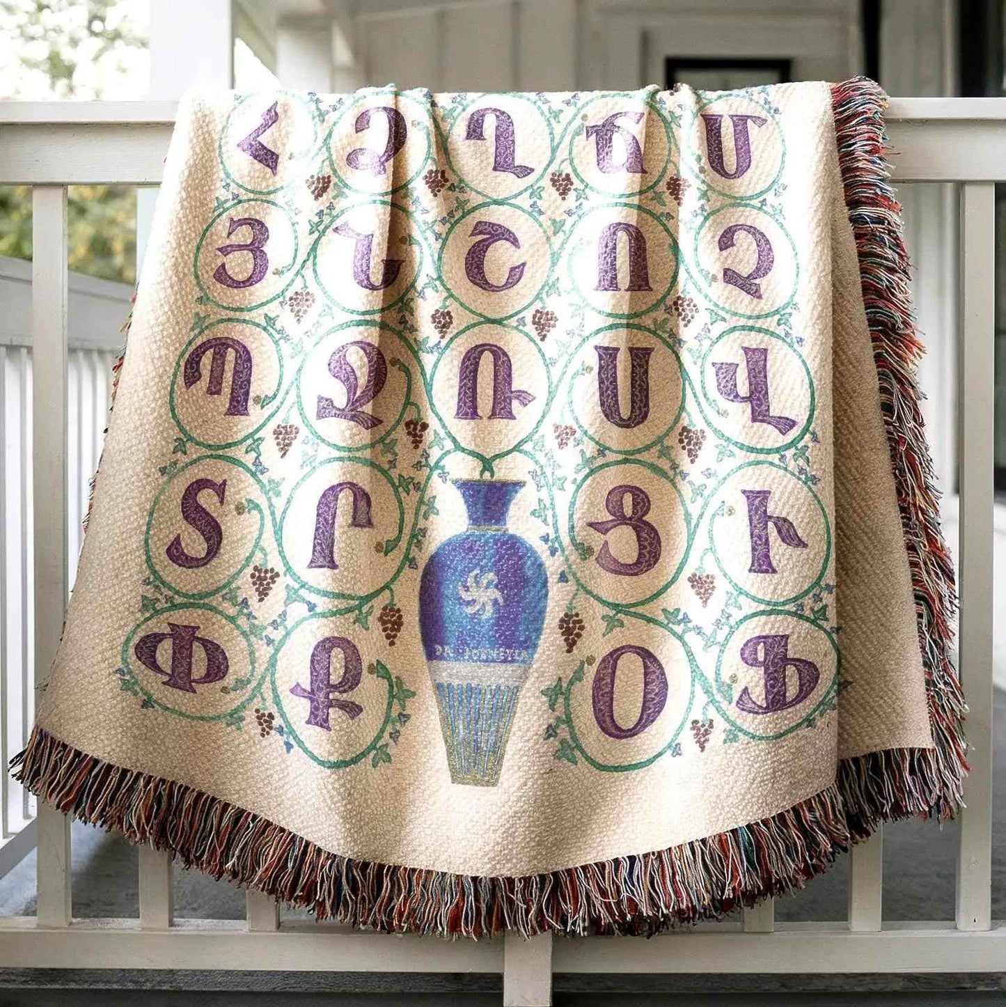 Armenian Woven Blanket - Cotton Throw with Armenian Alphabet Design | Cozy Cultural Sofa Throw - timelessbohochic.com