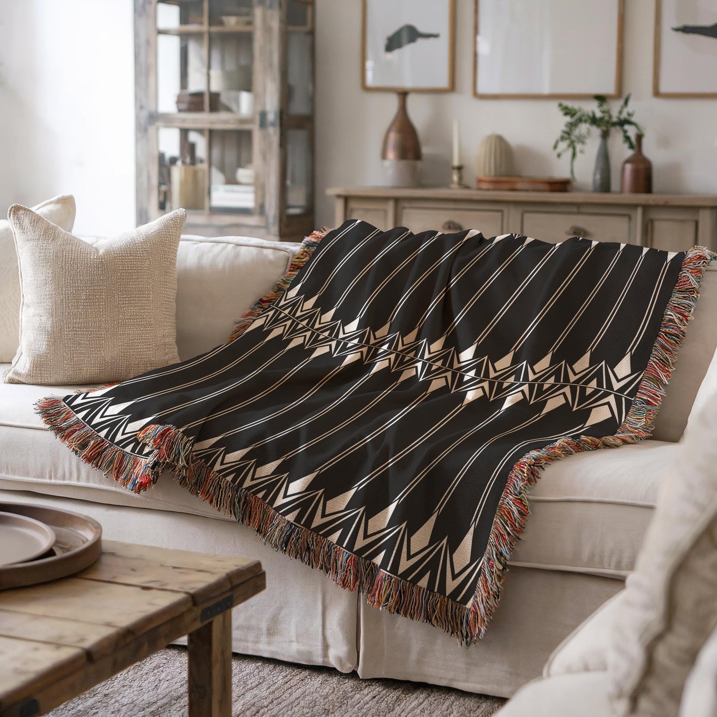 Cotton Blanket - Boho Couch Throw With Striped Woven Coverlet & Colorful Fringed Edges
