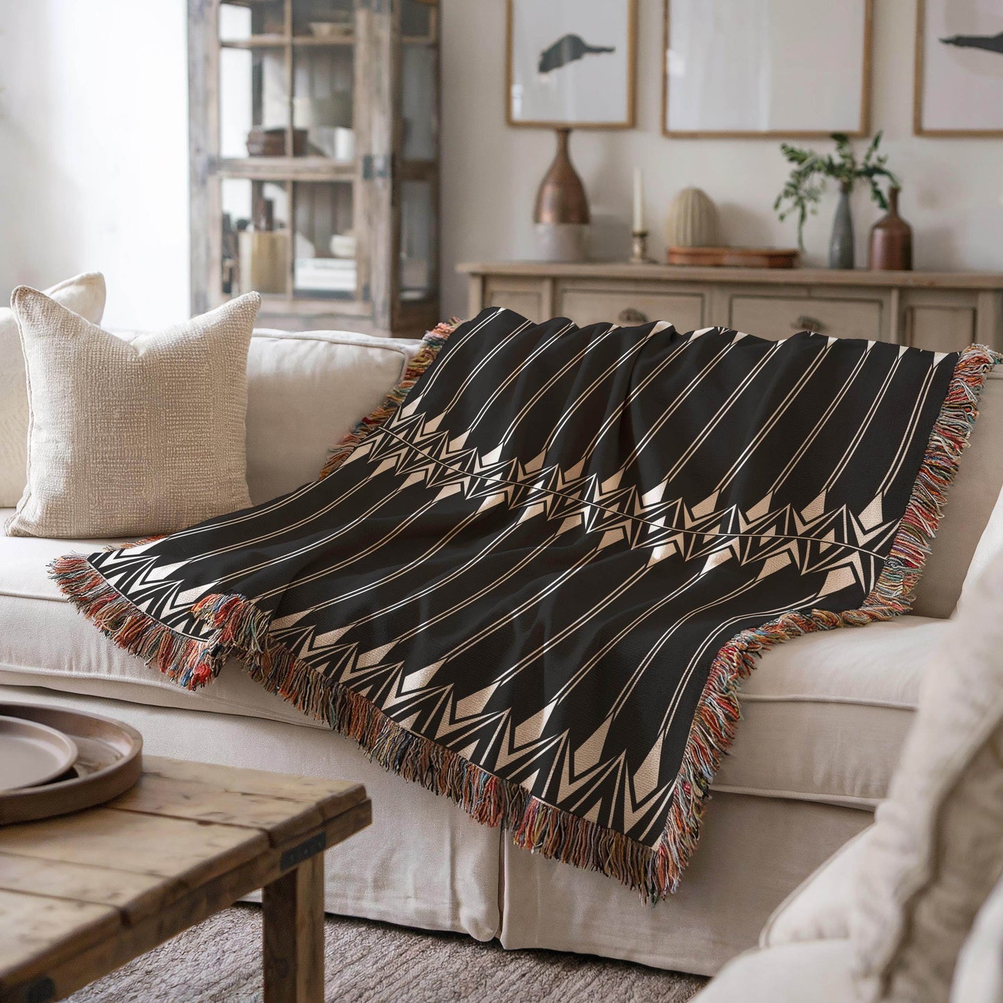 Cotton Boho Blanket - Striped Woven Couch Throw with Colorful Fringed Edges - timelessbohochic.com