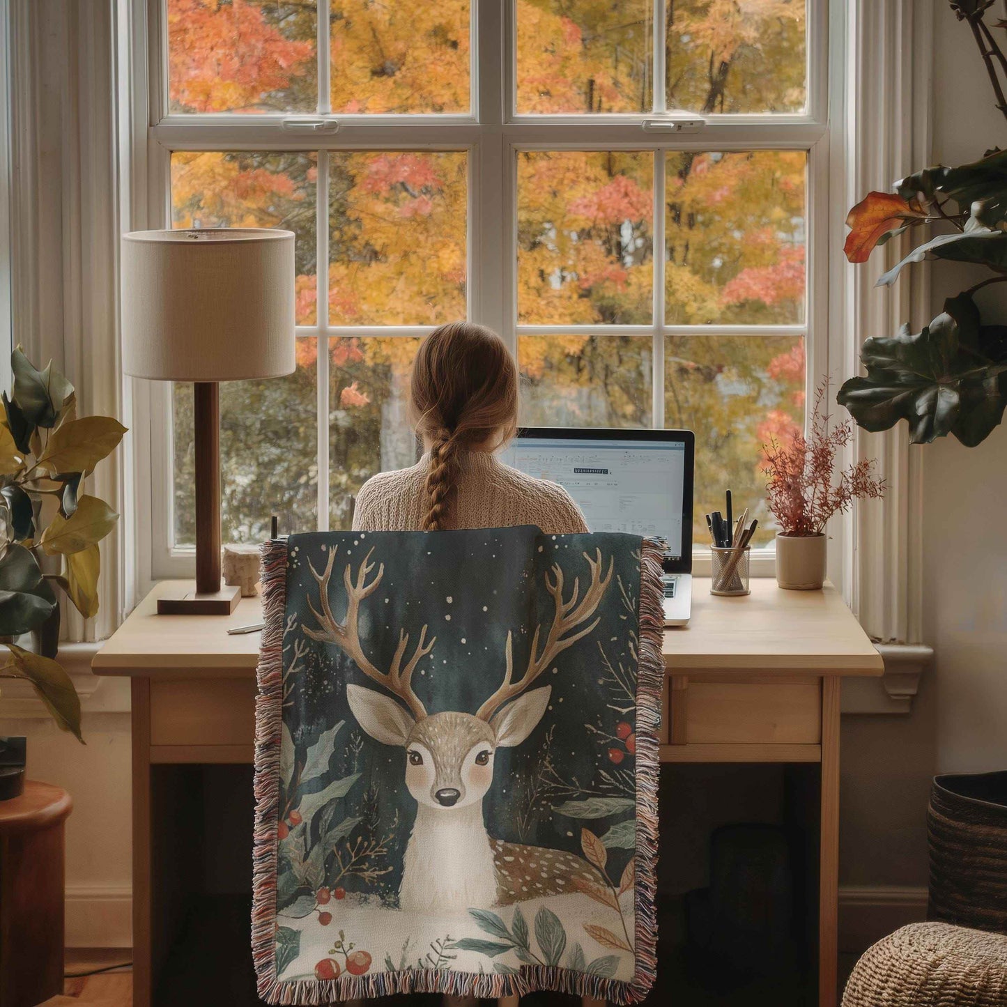 Christmas Tapestry Wall Hanging – Festive Woodland Animal Textile Art with Bambi and Holly - timelessbohochic.com
