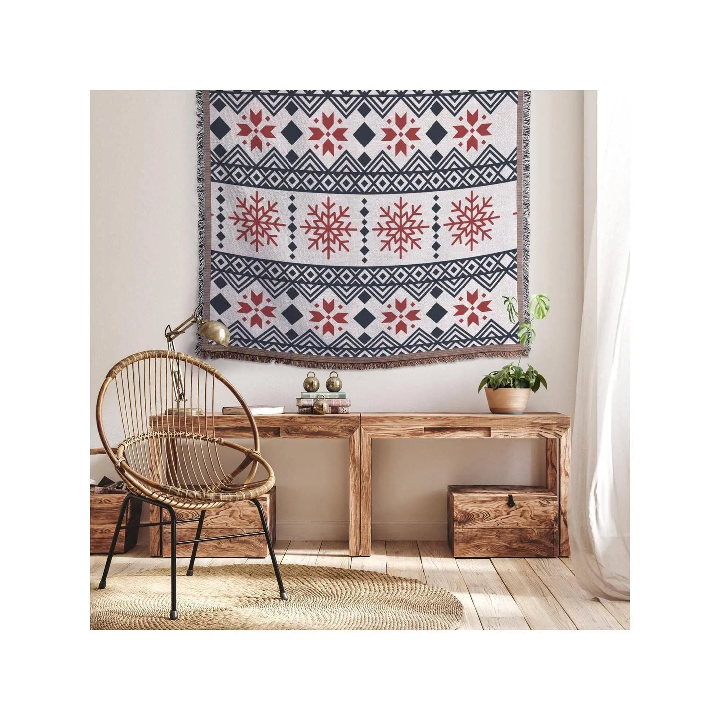 Scandi Woven Blanket – Cotton Throw Blanket with Snowflake Pattern, Cozy Winter Throw