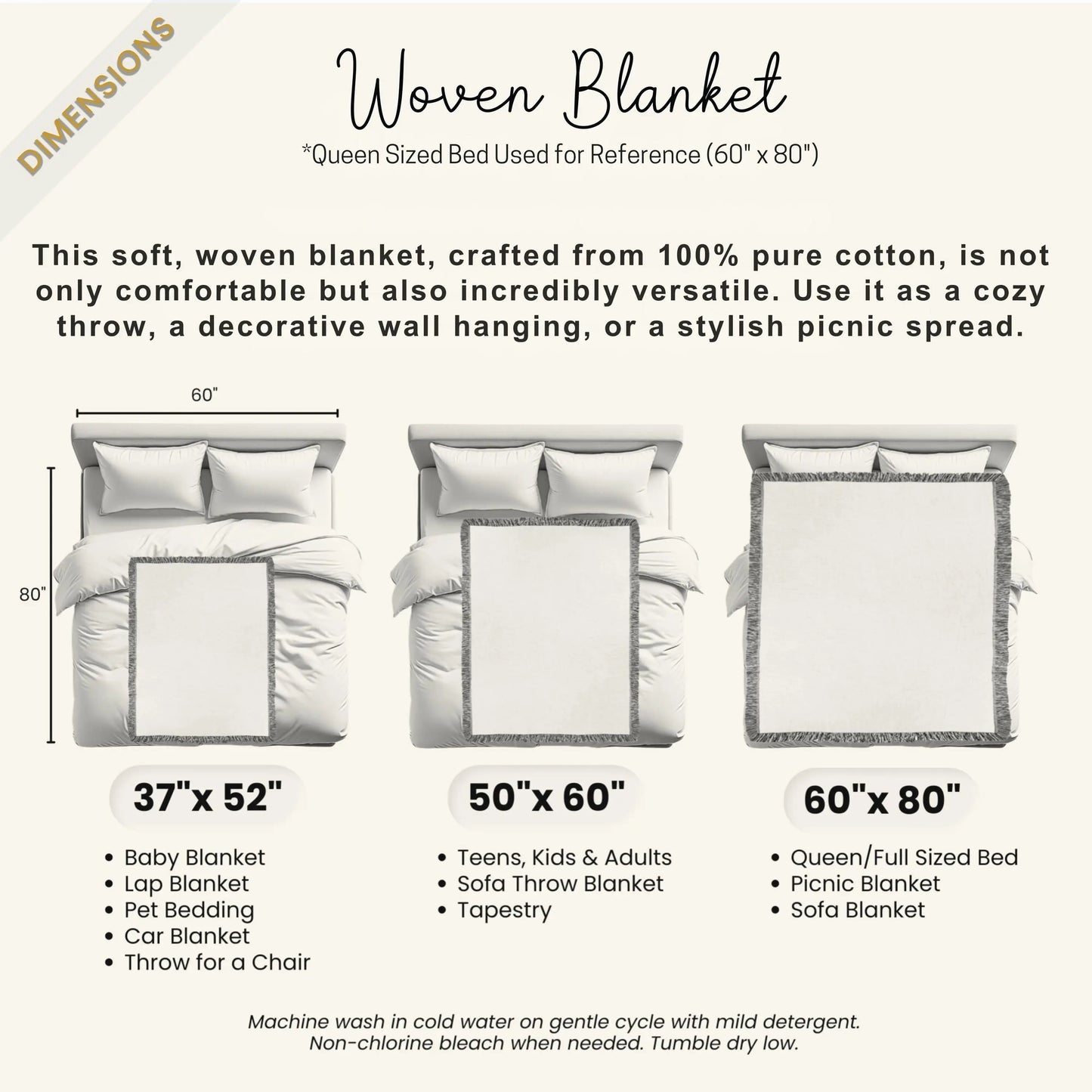 Scandi Cotton Blanket - Cozy Scandinavian Throw with Dala Horse & Bird Pattern, Fringe Edge