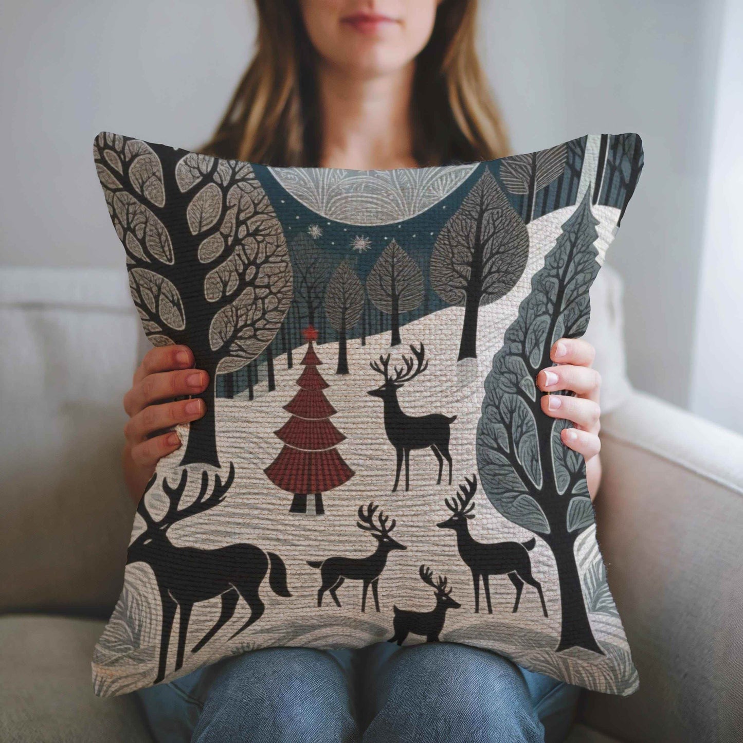 Winter Deer Pillow - Woven Decorative Cushion With Deer Herd Design, Cozy Cabin Accent - timelessbohochic.com