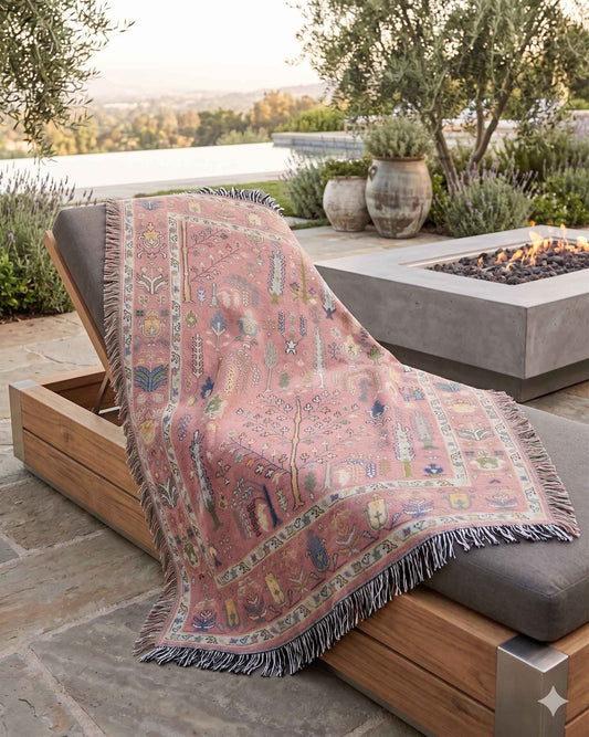 Anatolian Inspired outdoor woven throw blanket with rug-style pattern for patio styling