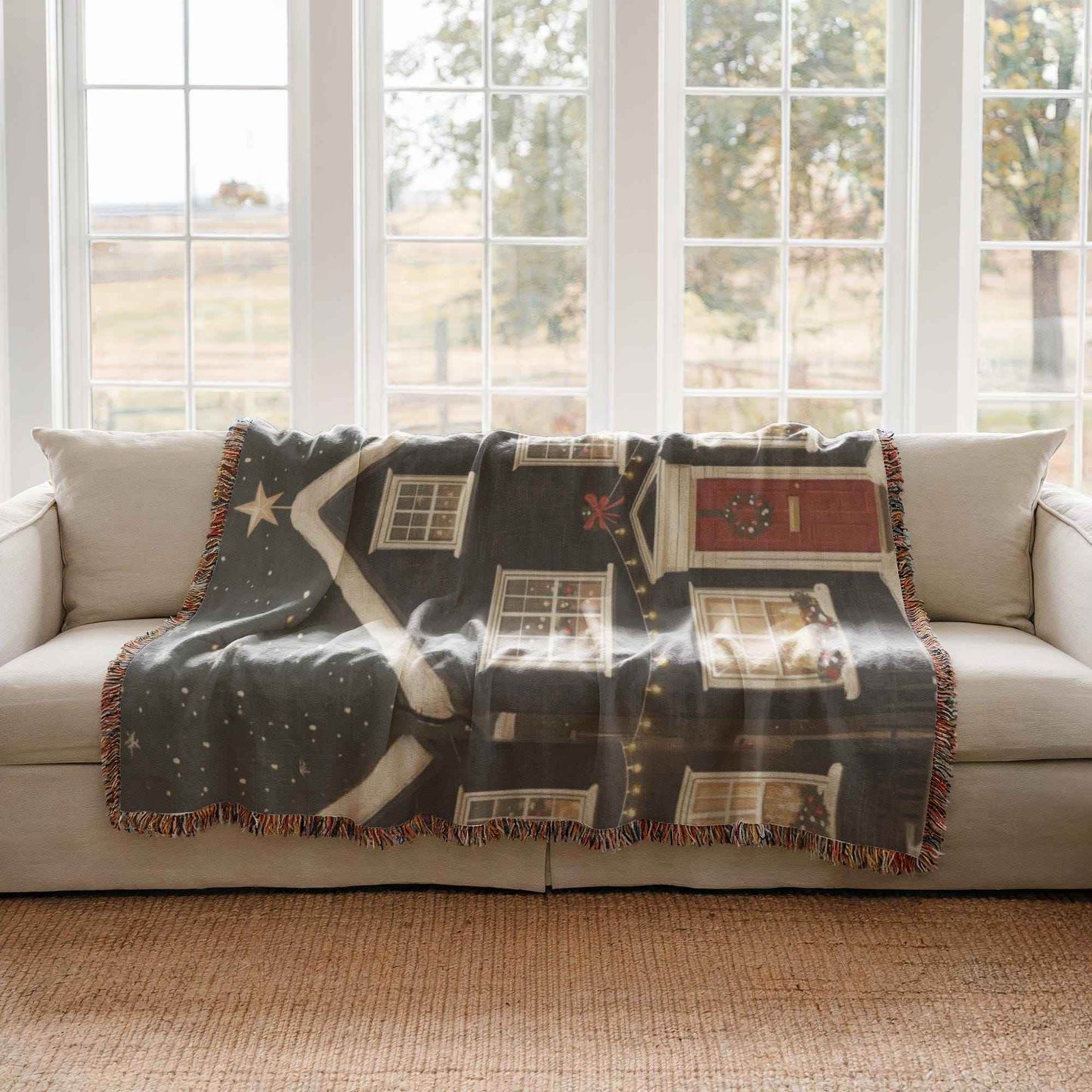 Christmas Throw Blanket – Cozy Woven Cotton Holiday Village Design Blanket - timelessbohochic.com