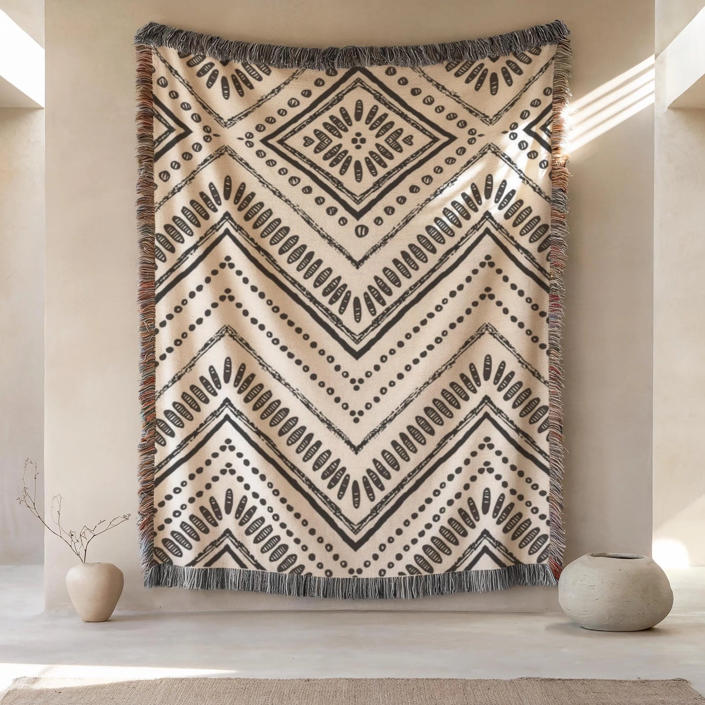 Woven Cotton Throw - Black White Tribal Ikat Blanket | Minimalist Geometric Decor