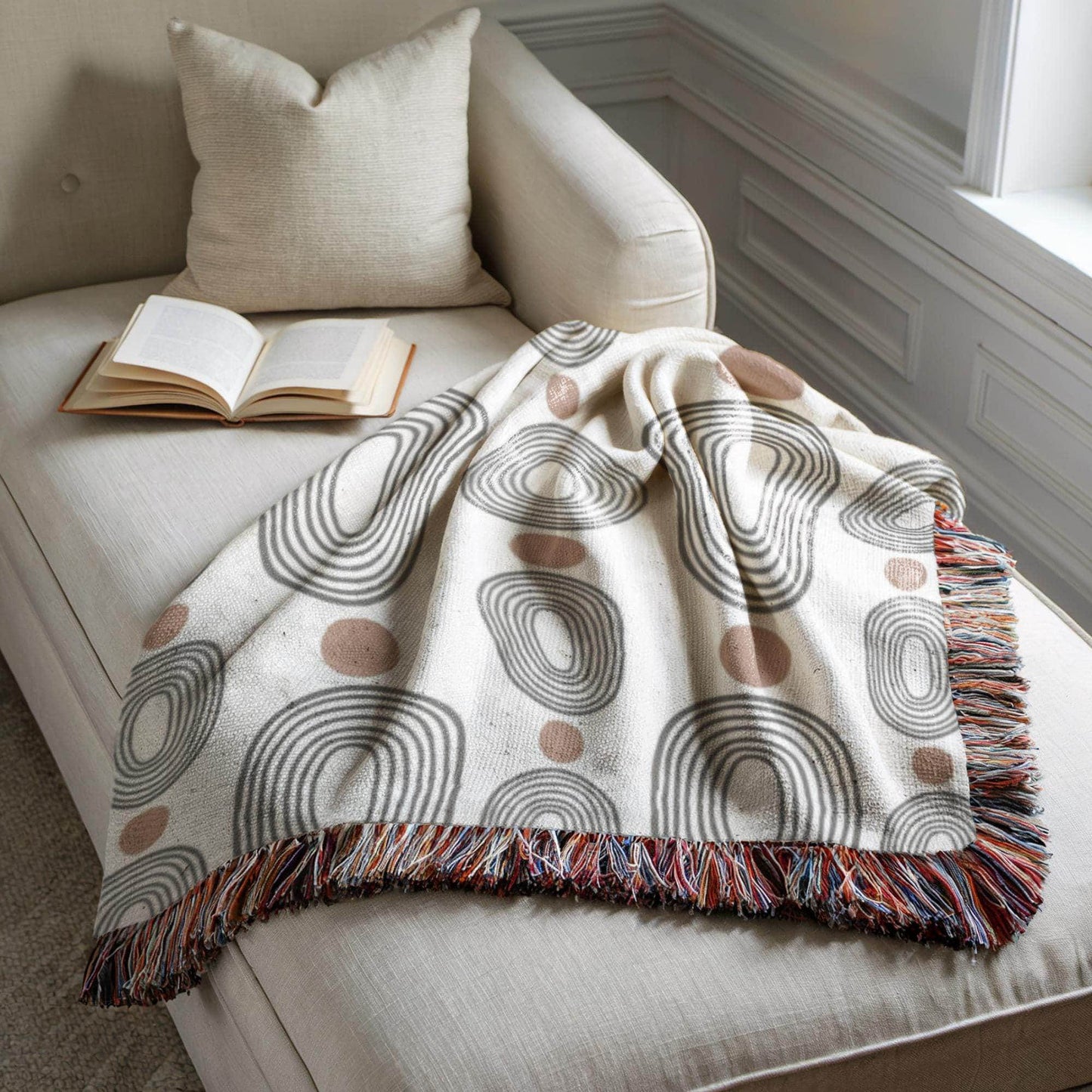 Woven Black Oval Throw Blanket - Cozy Cotton Coverlet with Rust Dots for Modern MCM Decor - timelessbohochic.com