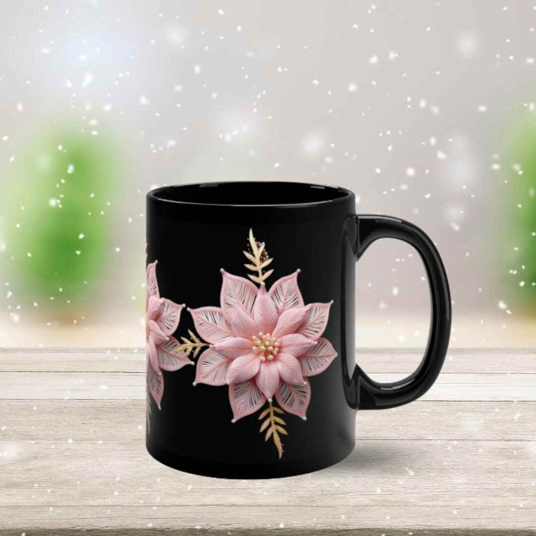 Holiday Ceramic Mug – Pink Poinsettia Glossy Finish Cup | Microwave Safe Gift - timelessbohochic.com