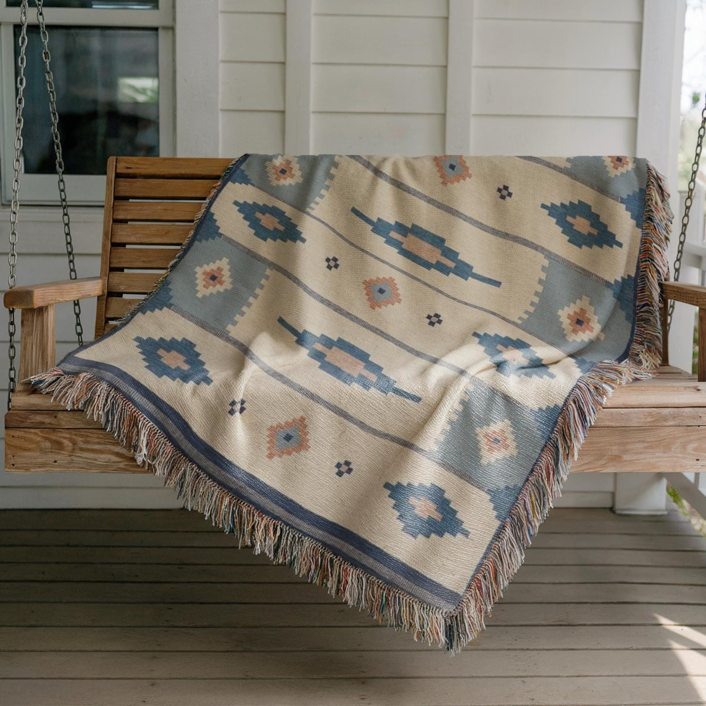 Woven Cotton Blanket – Summer Throw Blanket With Scandi Ethnic Pattern & Colorful Fringed Edges