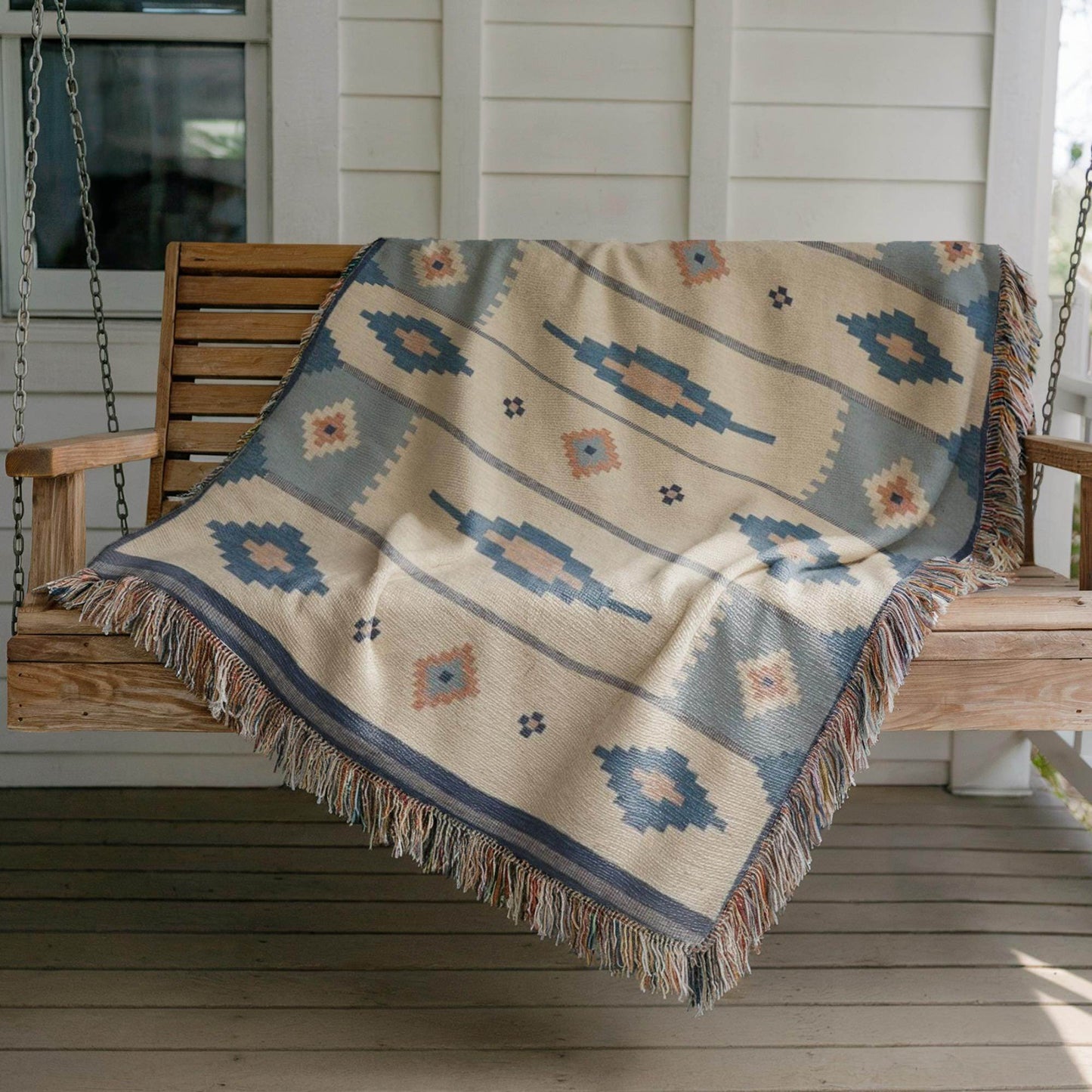 Woven Cotton Summer Blanket - Scandi Ethnic Pattern Throw with Colorful Fringed Edges - timelessbohochic.com