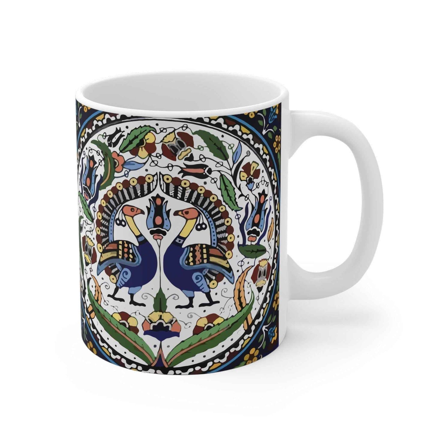 Armenian Ceramic Coffee Mug - Handcrafted Blue Peacock Design | Microwave Safe - timelessbohochic.com